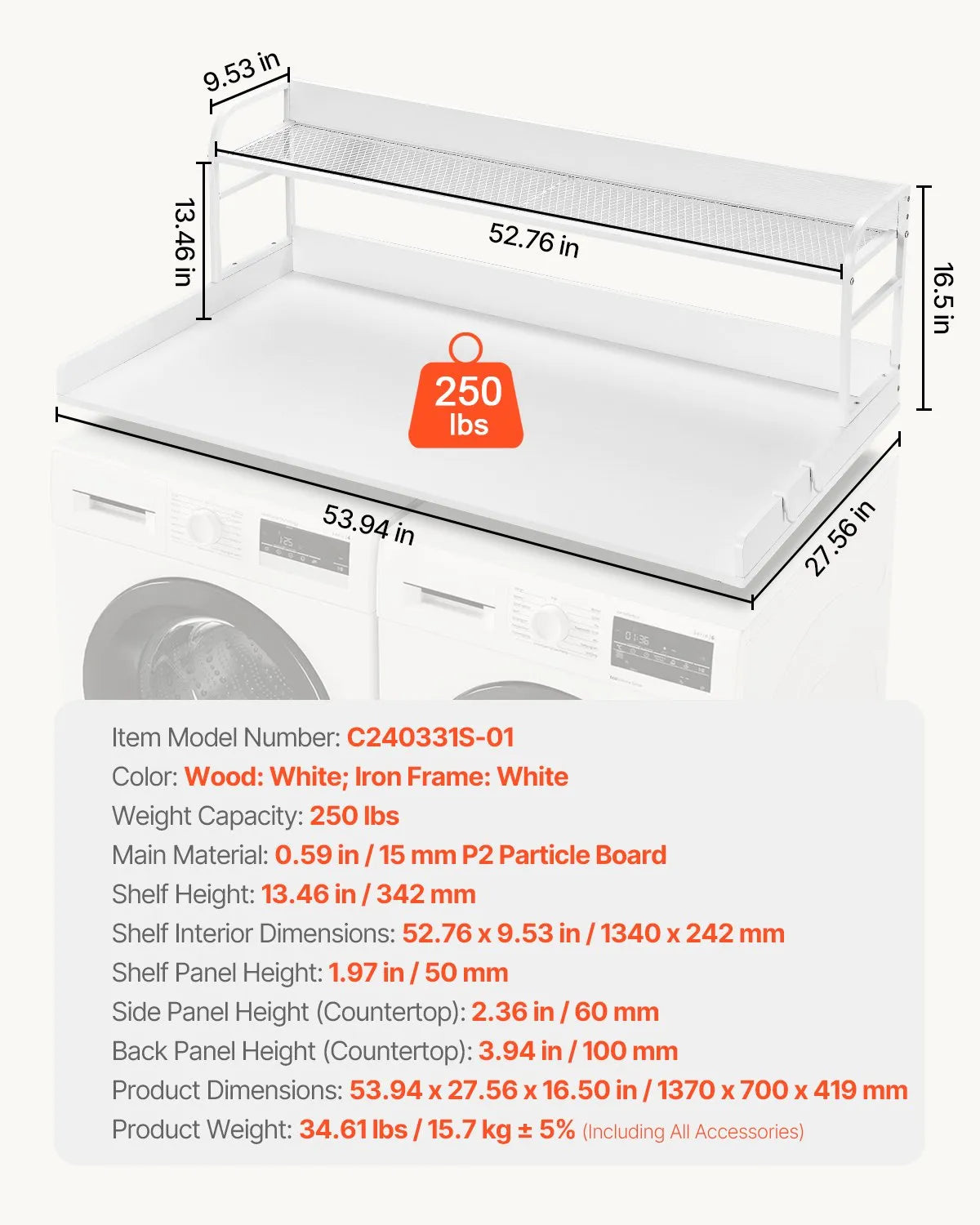 VEVOR Washer Dryer Countertop with Shelf 54"x27" Wooden Washer Dryer Cover White