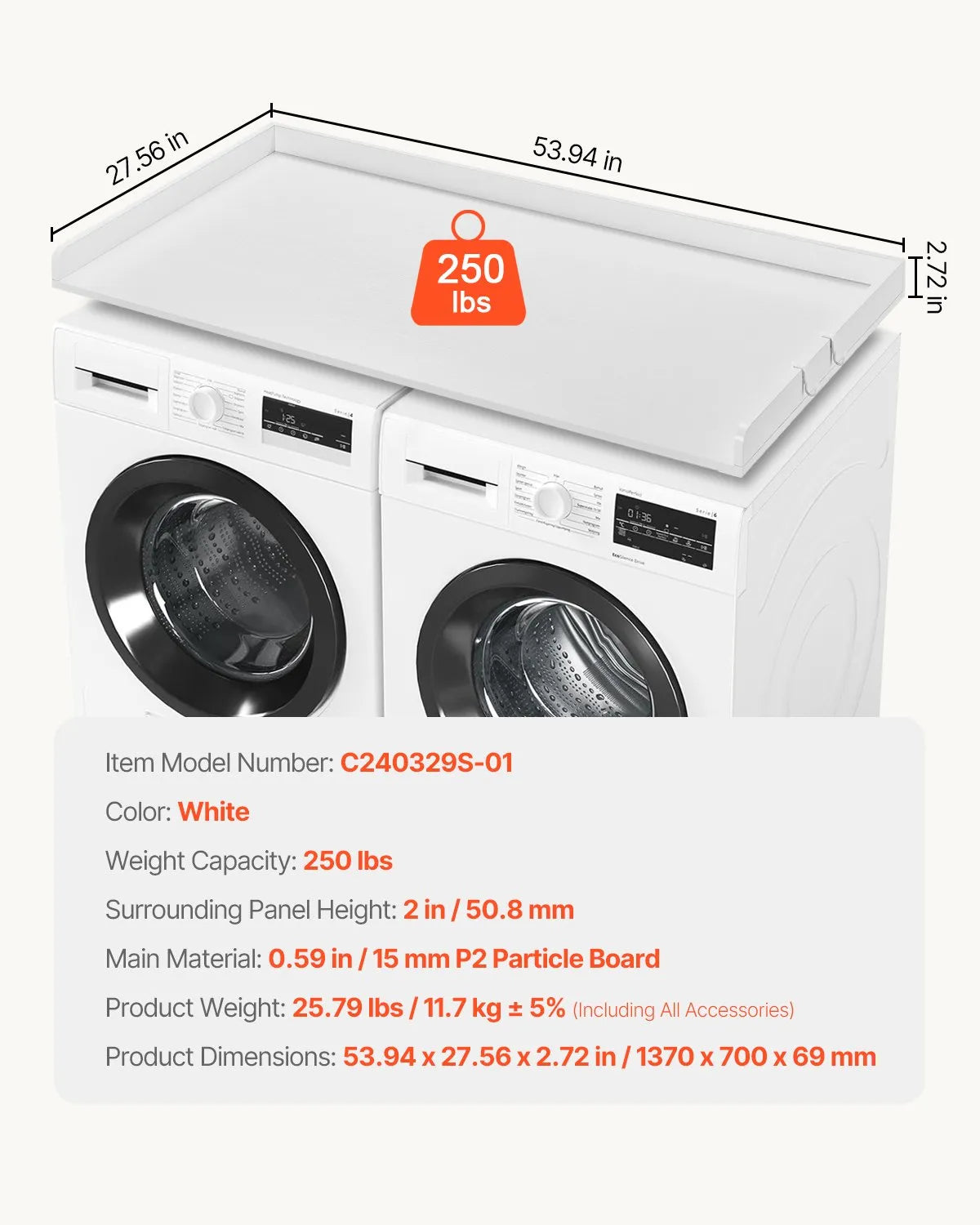 VEVOR Washer Dryer Countertop 54" x 27" Wooden Washer and Dryer Topper White