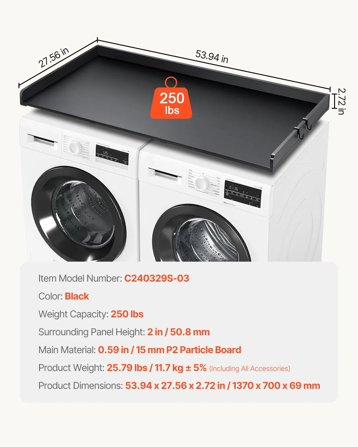 VEVOR Washer Dryer Countertop 54" x 27" Wooden Washer and Dryer Topper Black