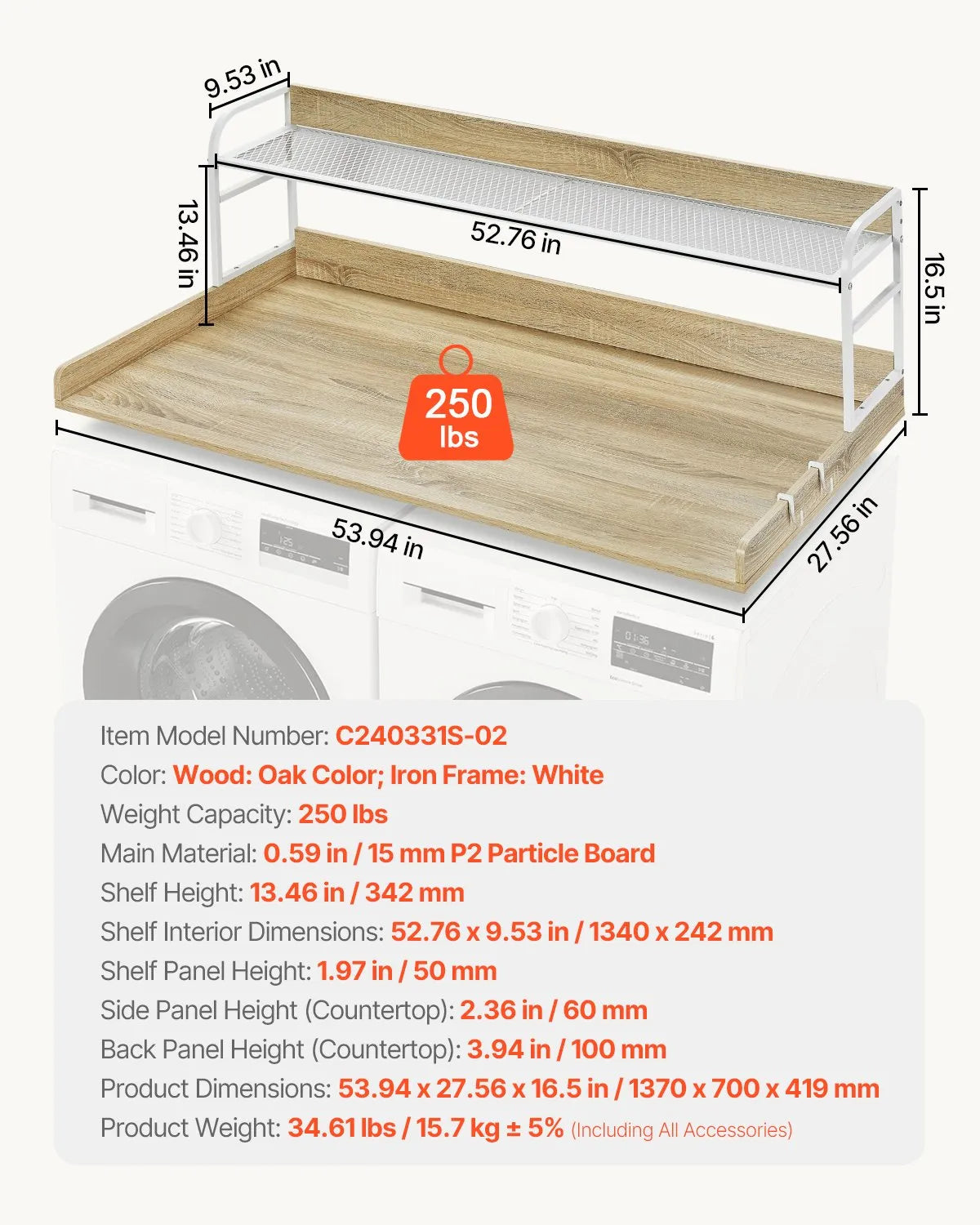VEVOR Washer Dryer Countertop with Shelf 54"x27" Wooden Washer Dryer Cover Oak