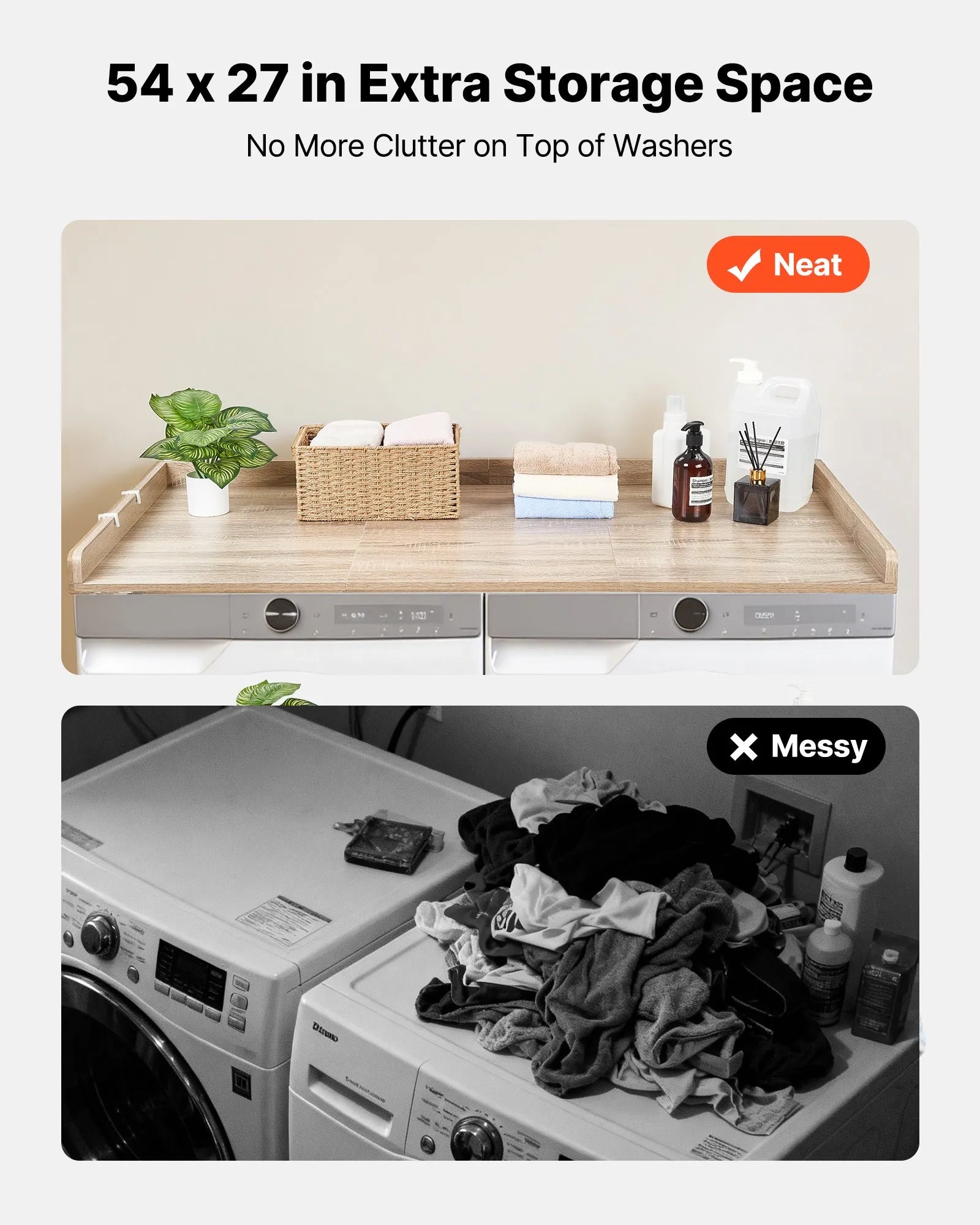 Washer Dryer Countertop 54" x 27.5", Wooden Laundry Topper with Raised Edge & Hooks, Water-Resistant Oak Storage Shelf