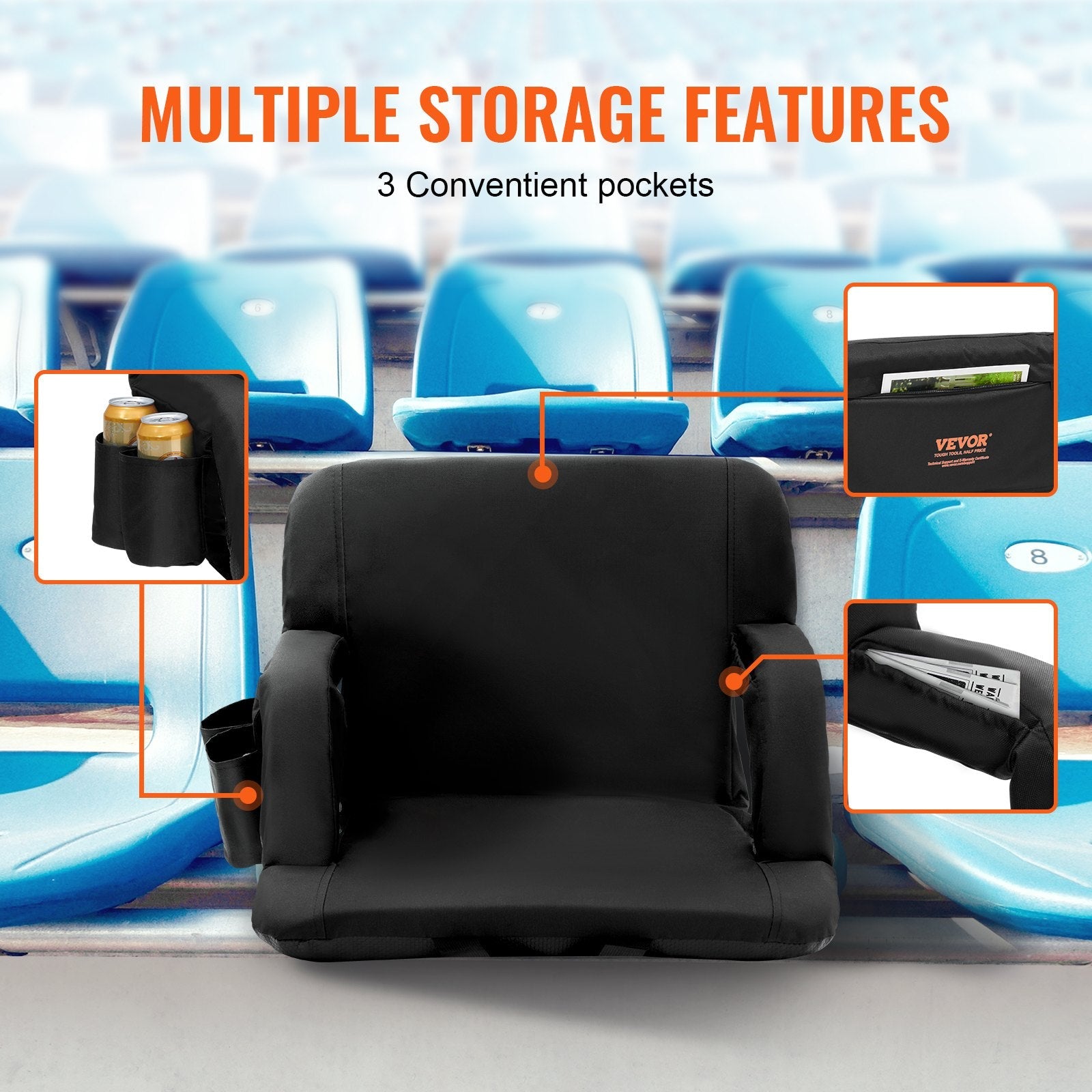 VEVOR Stadium Seat with Back Support, Wide Bleacher Seat Back, Folding Padded Cushion Stadium Chair, Portable Reclining Chair with Hook Pocket Cupholder, Ideal for Sport Event Beach Camping Concert