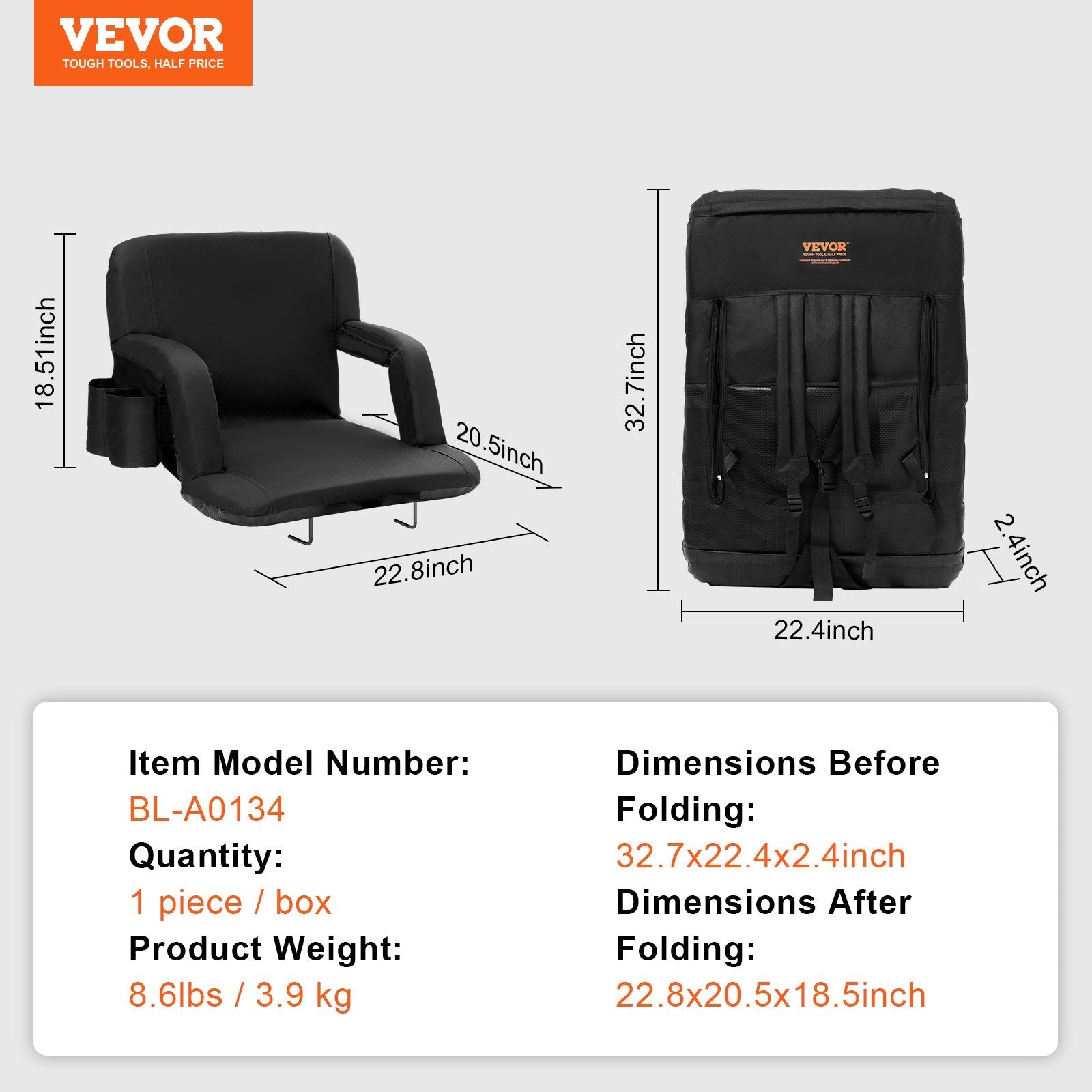 VEVOR Stadium Seat with Back Support, Wide Bleacher Seat Back, Folding Padded Cushion Stadium Chair, Portable Reclining Chair with Hook Pocket Cupholder, Ideal for Sport Event Beach Camping Concert