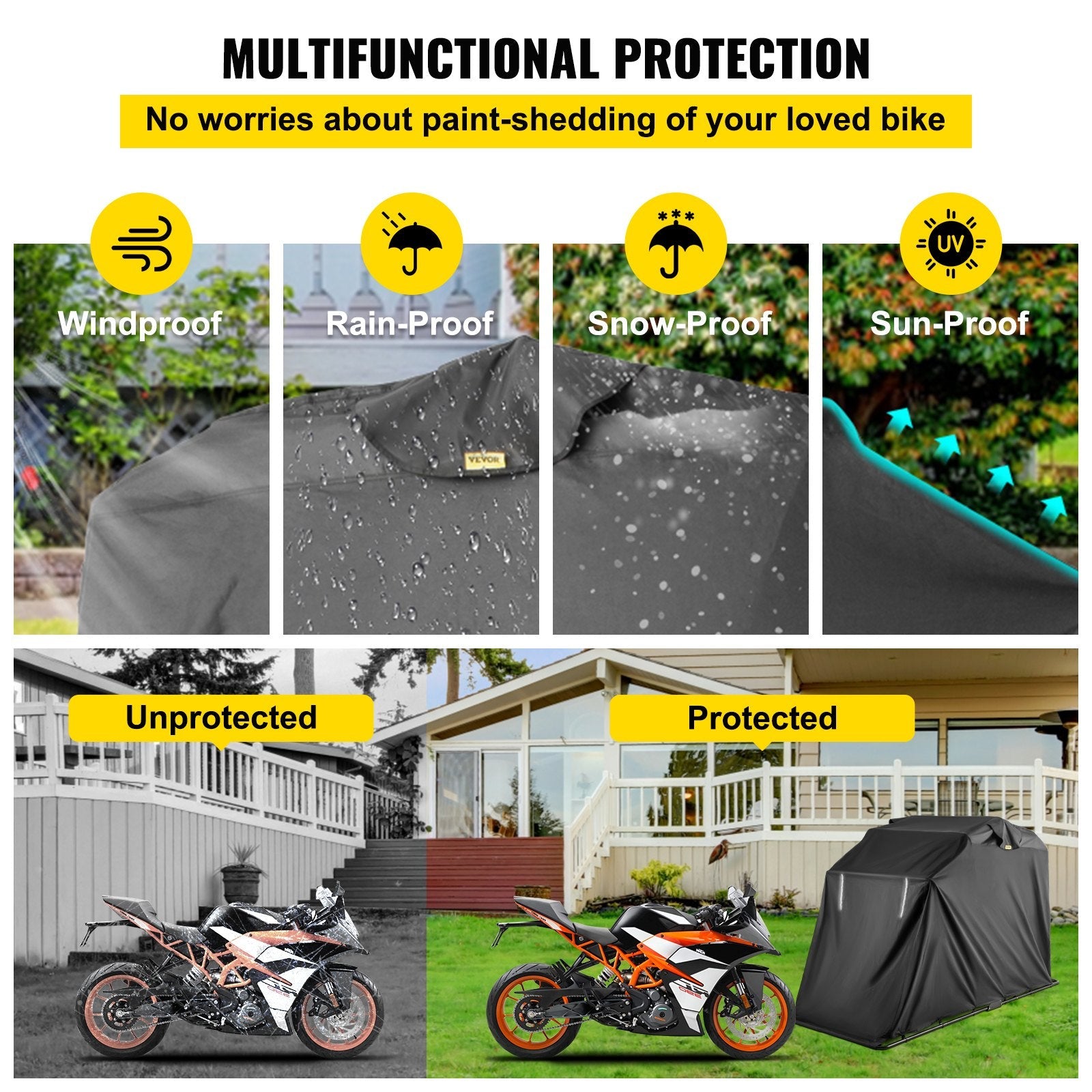 VEVOR Motorcycle Cover 600D Motorcycle Tent Oxford Material Motorcycle Shed Anti-UV,132"(L) x 54"(W) x 78"(H) (Black, Large)
