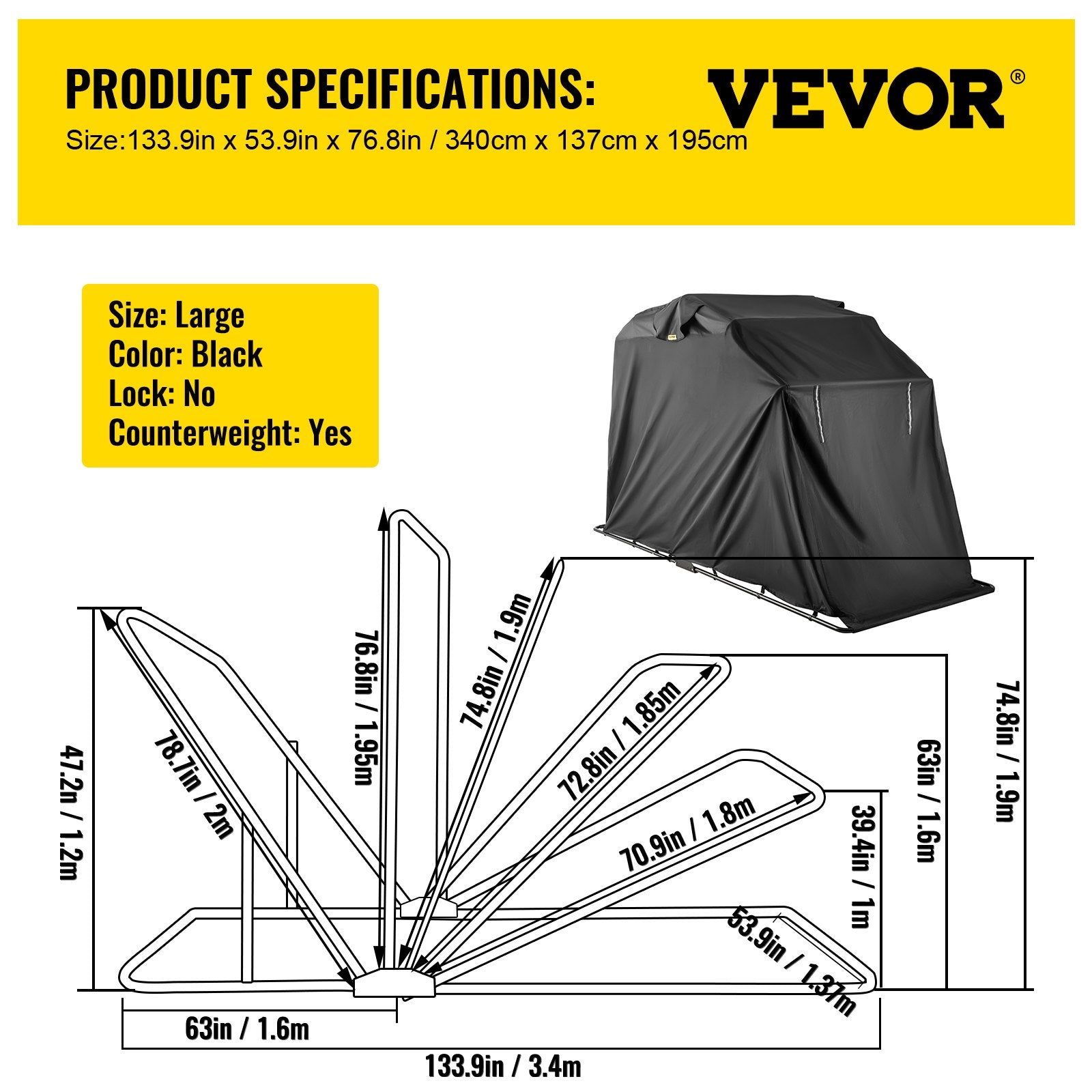 VEVOR Motorcycle Cover 600D Motorcycle Tent Oxford Material Motorcycle Shed Anti-UV,132"(L) x 54"(W) x 78"(H) (Black, Large)