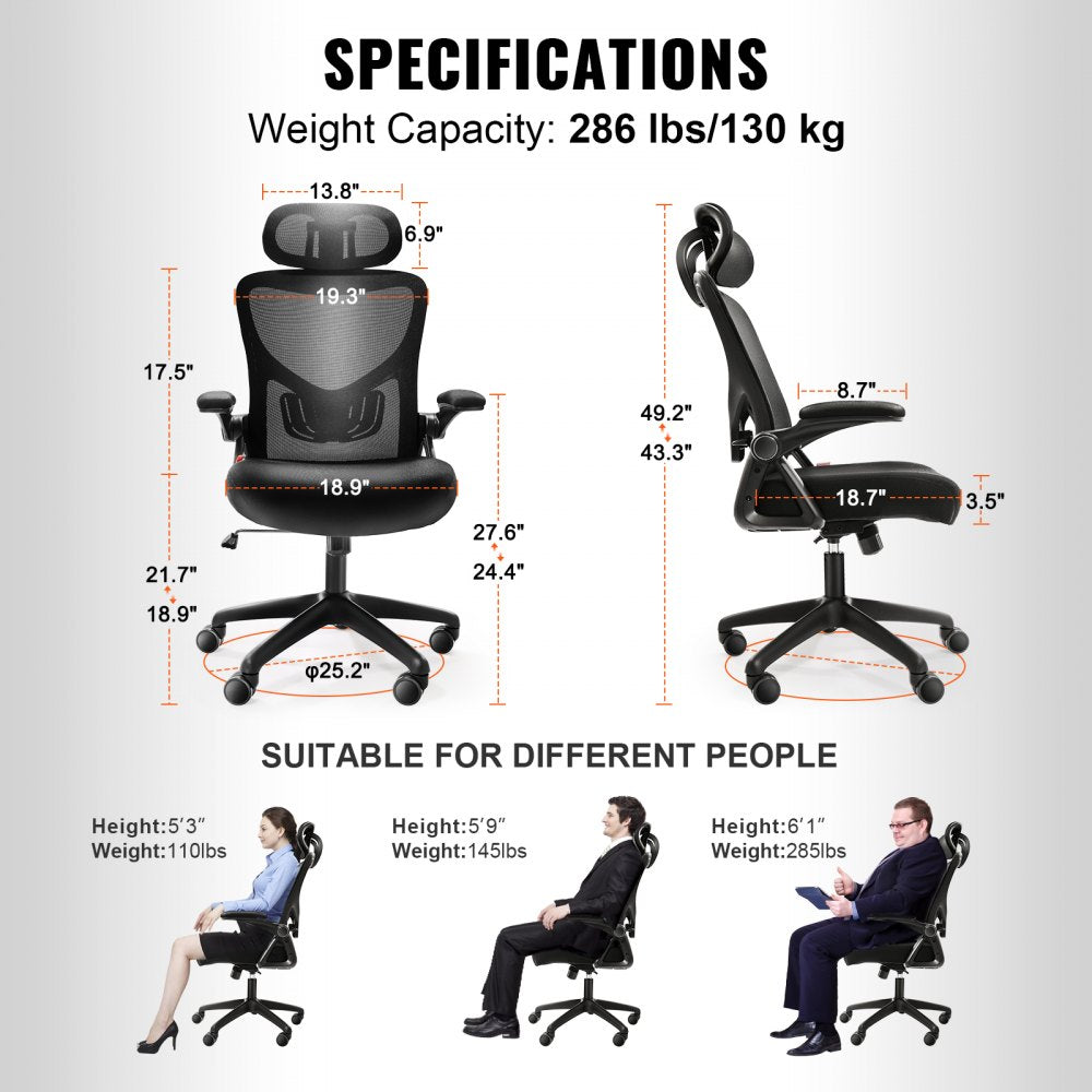 VEVOR Office Chair with Adjustable Lumbar Support, High Back Ergonomic Desk Chair with Adjustable Headrest, 2D Armrest, Ergonomic Office Chair Backrest, Computer Chair for Home Office