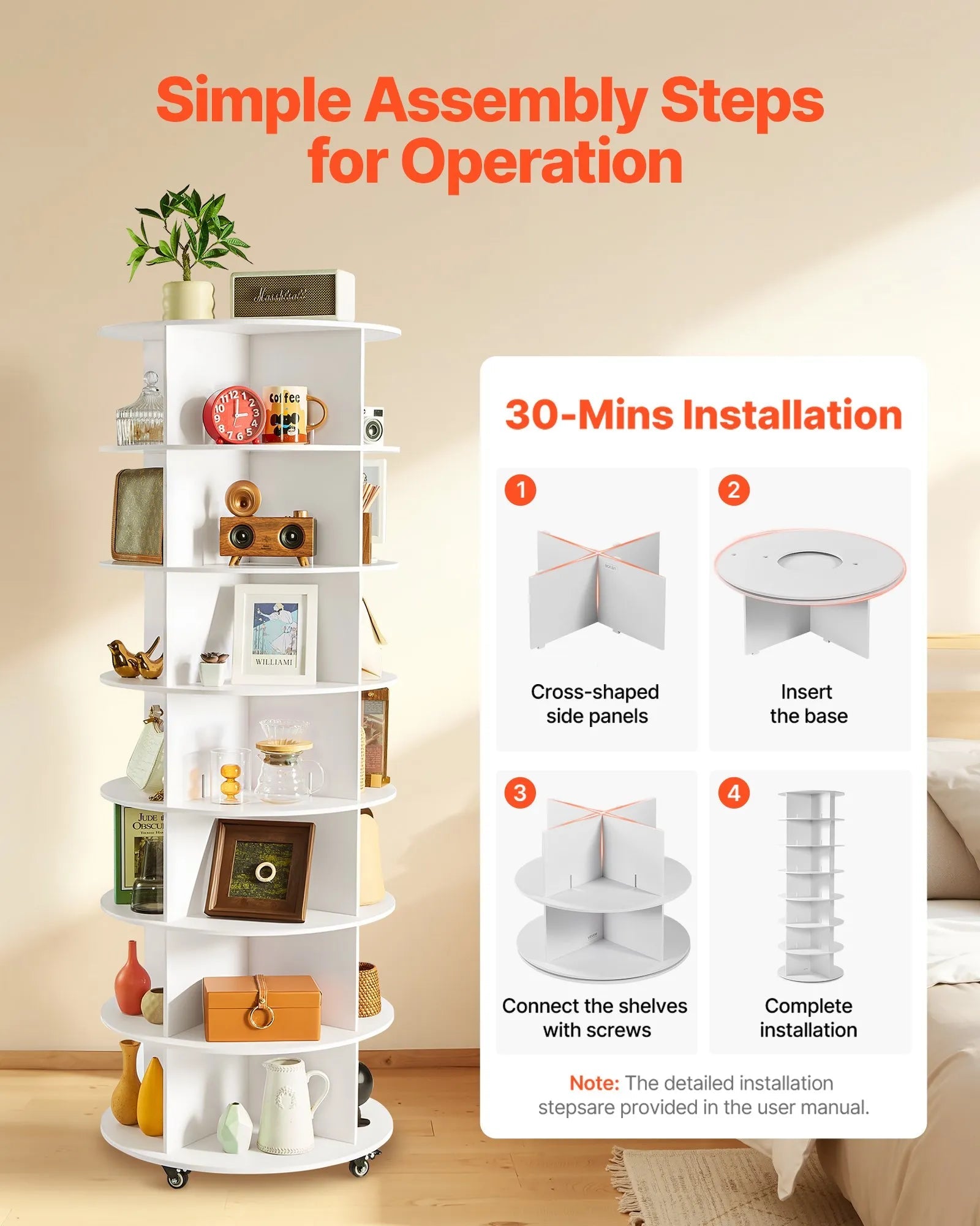 VEVOR 7 Tiers Rotating Shoe Rack Tower with Wheels, Movable 360° Spinning Carousel Display, Lazy Susan Organizer Closet Shelf for Living Room, Entryway, White