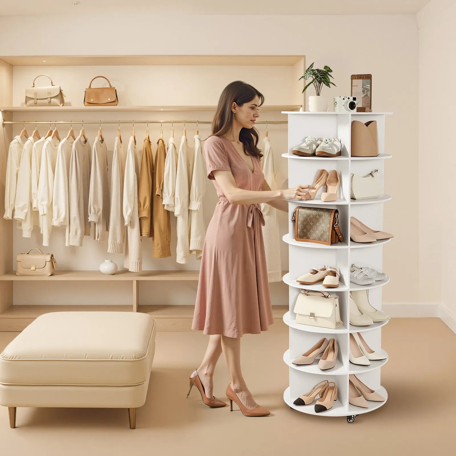 VEVOR 7 Tiers Rotating Shoe Rack Tower with Wheels, Movable 360° Spinning Carousel Display, Lazy Susan Organizer Closet Shelf for Living Room, Entryway, White