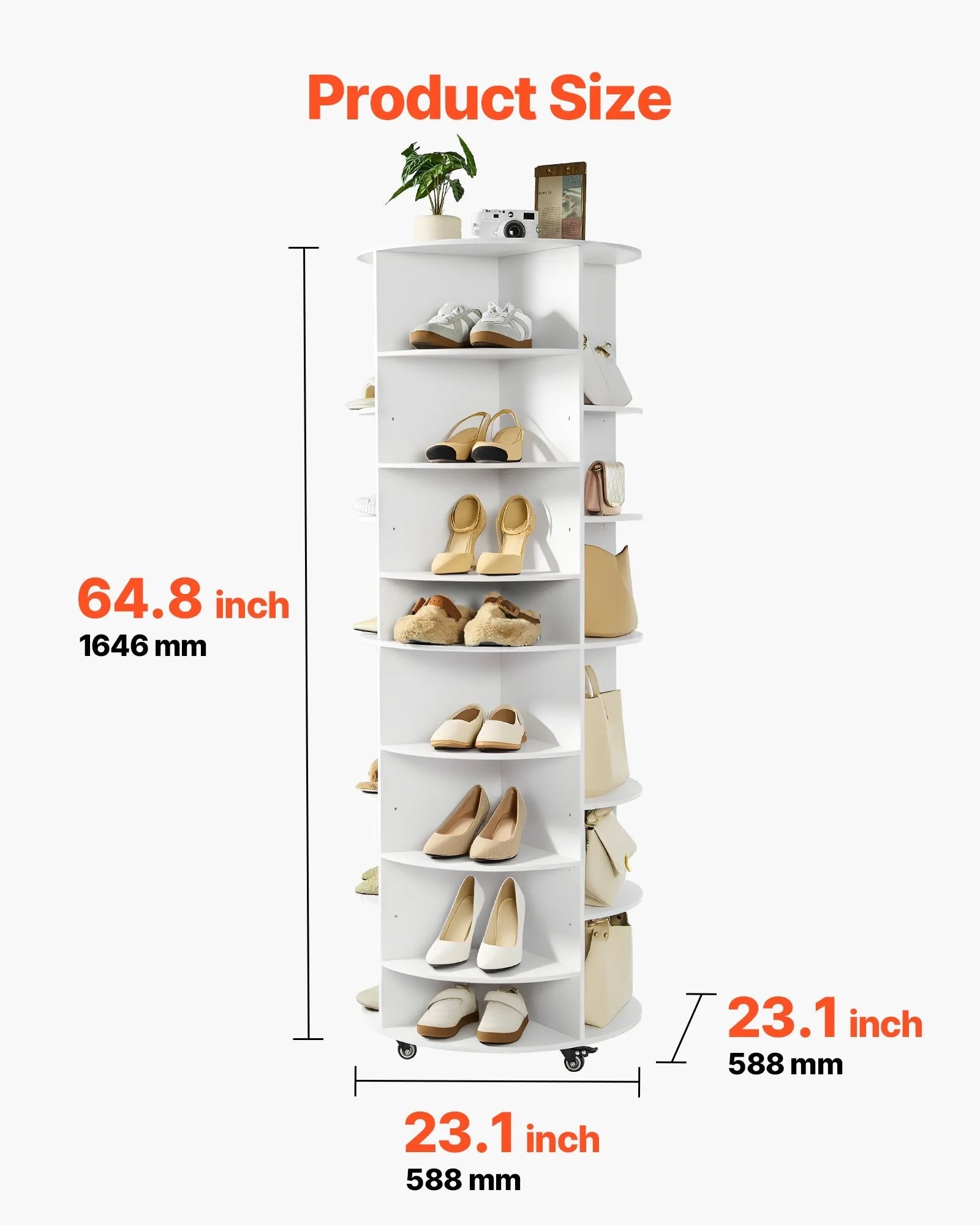 VEVOR 7 Tier Rotating Shoe Rack Tower with Adjustable Shelves, Movable 360° Spinning Carousel Display with Wheels, Lazy Susan Organizer Closet for Bedroom, Living Room, Entryway, Closet, White