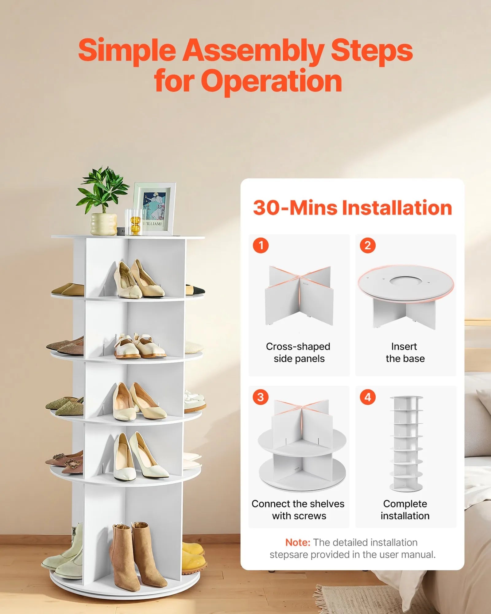 VEVOR 5 Tiers Rotating Shoe Rack Tower, 360° Spinning Shoe Rack, Revolving Storage Round Carousel Display, Freestanding Lazy Susan Organizer Display for Bedroom, Living Room, Entryway, Closet, White
