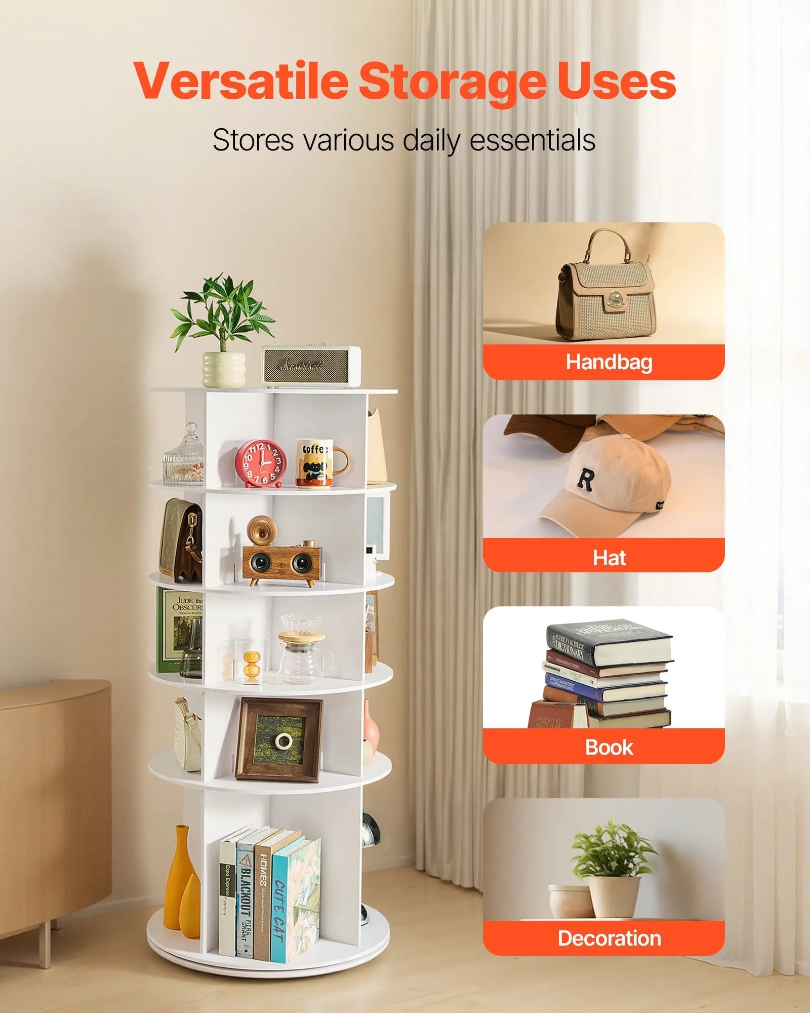 VEVOR 5 Tiers Rotating Shoe Rack Tower, 360° Spinning Shoe Rack, Revolving Storage Round Carousel Display, Freestanding Lazy Susan Organizer Display for Bedroom, Living Room, Entryway, Closet, White