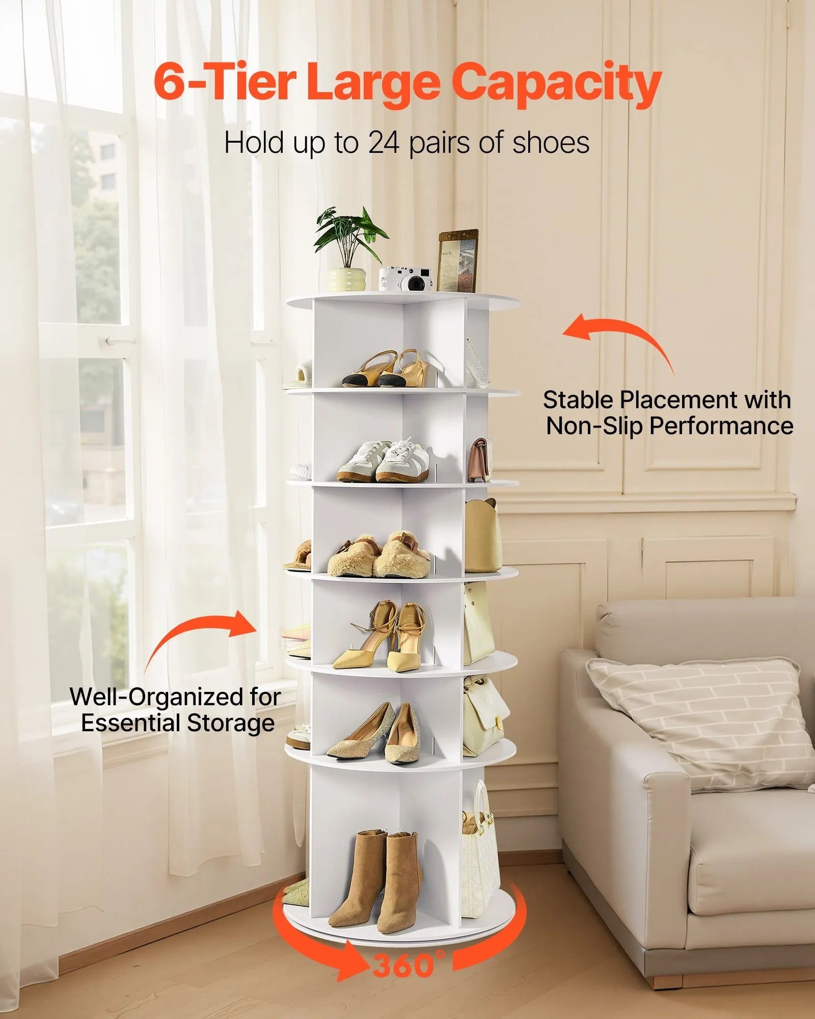 VEVOR 6 Tiers Rotating Shoe Rack Tower, 360° Spinning Shoe Rack, Revolving Storage Round Carousel Display, Freestanding Lazy Susan Organizer Display for Bedroom, Living Room, Entryway, Closet, White