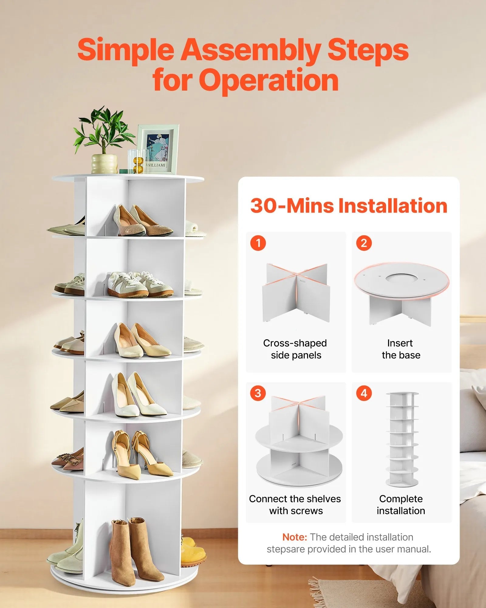 VEVOR 6 Tiers Rotating Shoe Rack Tower, 360° Spinning Shoe Rack, Revolving Storage Round Carousel Display, Freestanding Lazy Susan Organizer Display for Bedroom, Living Room, Entryway, Closet, White
