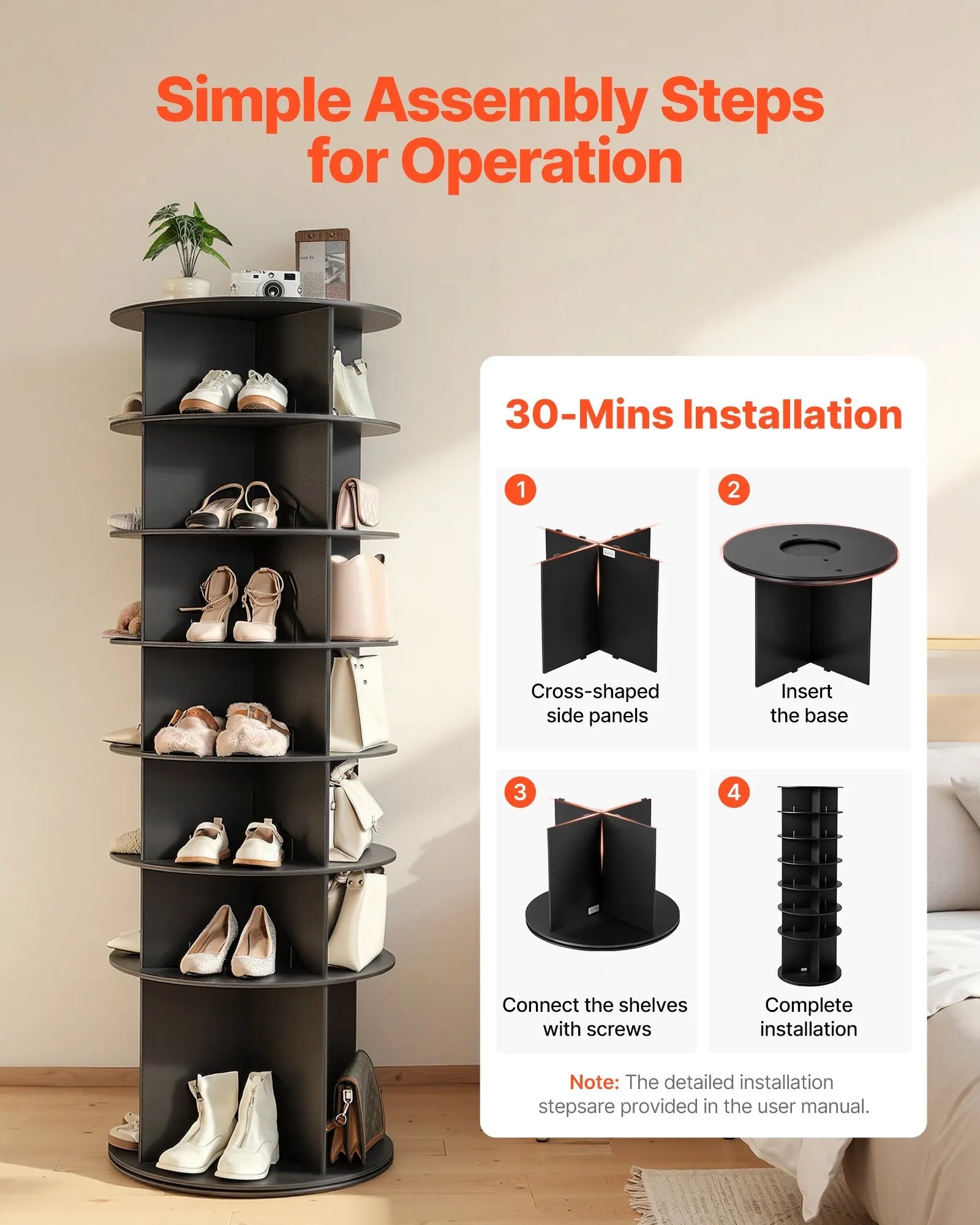 VEVOR 7 Tiers Rotating Shoe Rack Tower, 360° Spinning Shoe Rack, Revolving Storage Round Carousel Display, Freestanding Lazy Susan Organizer Display for Bedroom, Living Room, Entryway, Closet, Black