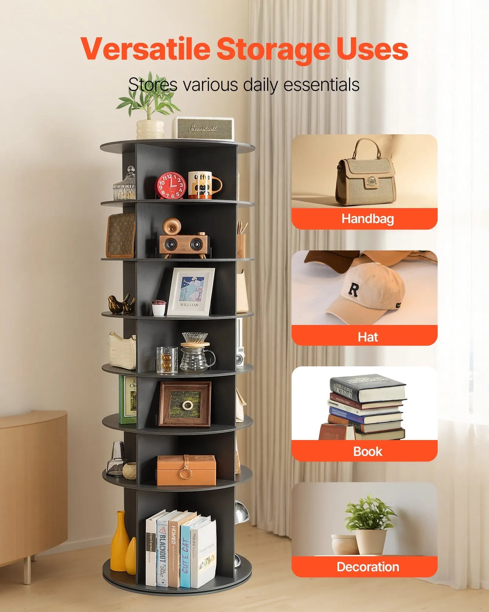 VEVOR 7 Tiers Rotating Shoe Rack Tower, 360° Spinning Shoe Rack, Revolving Storage Round Carousel Display, Freestanding Lazy Susan Organizer Display for Bedroom, Living Room, Entryway, Closet, Black