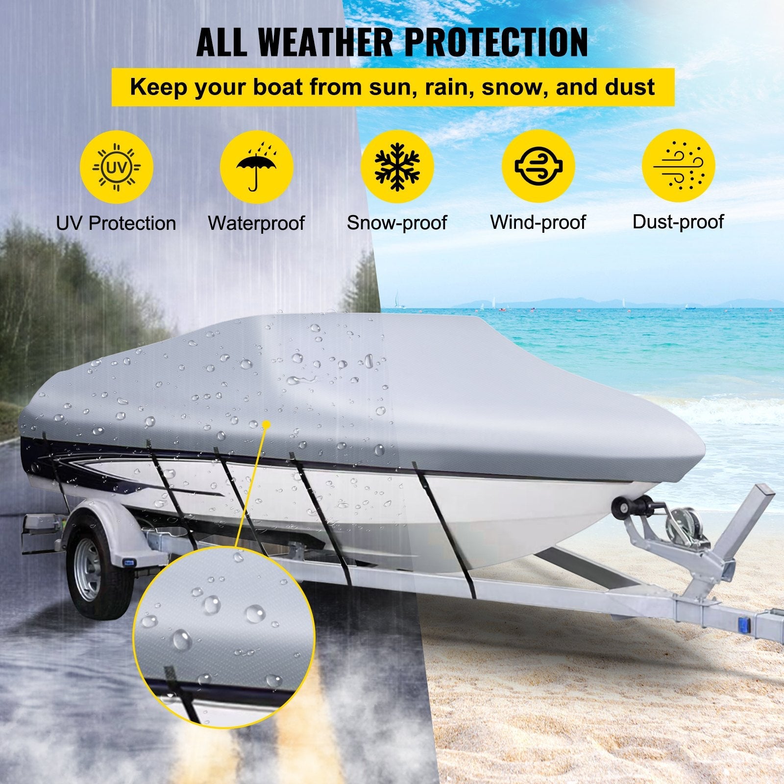 VEVOR Waterproof Boat Cover, 20'-22' Trailerable Boat Cover, Beam Width up to 106" v Hull Cover Heavy Duty 210D Marine Grade Polyester Mooring Cover for Fits V-Hull Boat with 5 Tightening Straps