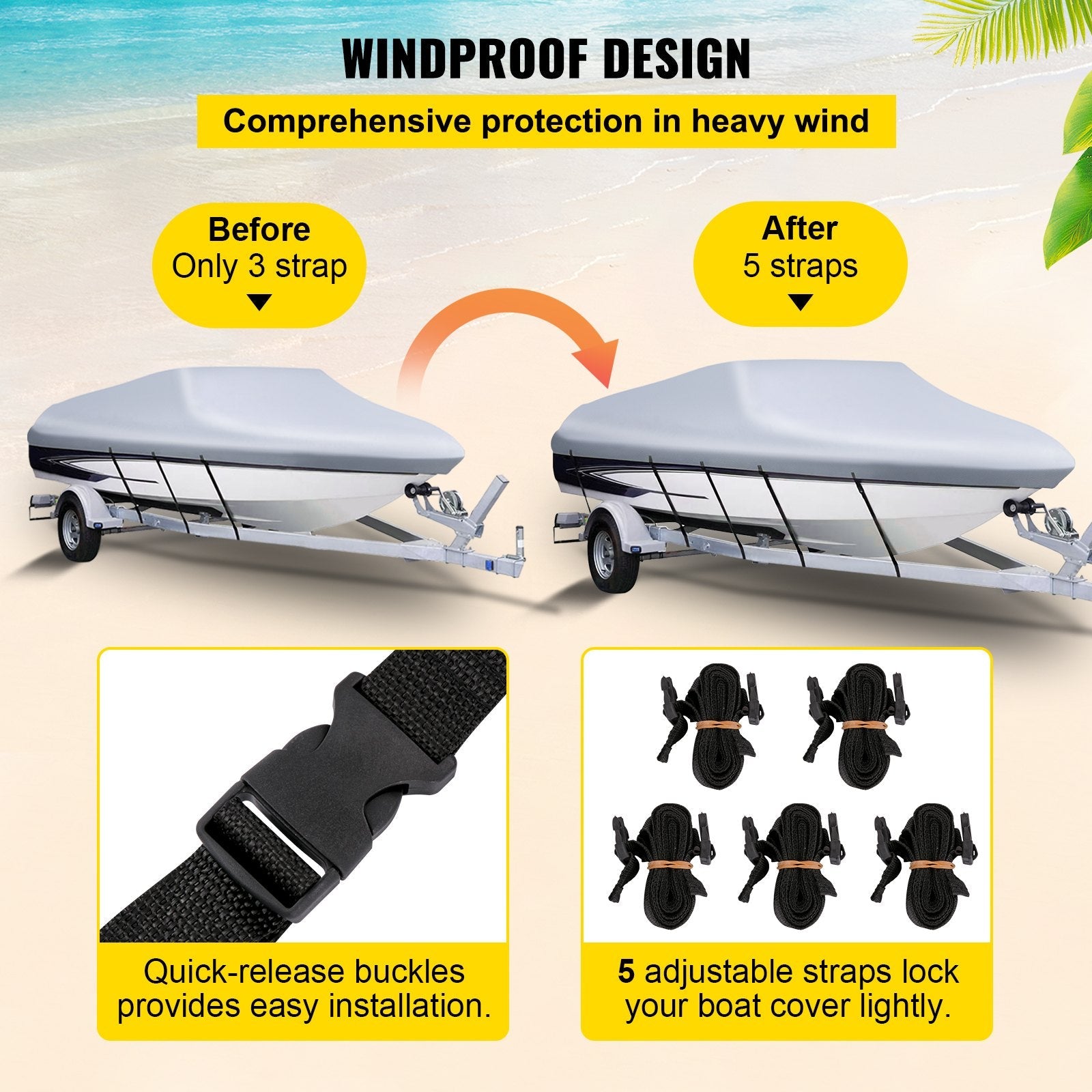 VEVOR Waterproof Boat Cover, 20'-22' Trailerable Boat Cover, Beam Width up to 106" v Hull Cover Heavy Duty 210D Marine Grade Polyester Mooring Cover for Fits V-Hull Boat with 5 Tightening Straps