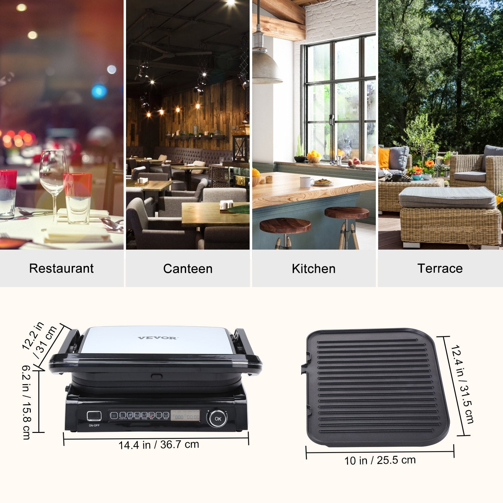 VEVOR 7 IN 1 Commercial Electric Griddle, 14.4" 1800W Indoor Countertop Grill, Stainless Steel Restaurant Teppanyaki Grill with Non Stick Iron Cooking Plate, 0-446? Adjustable Temp Control 110V