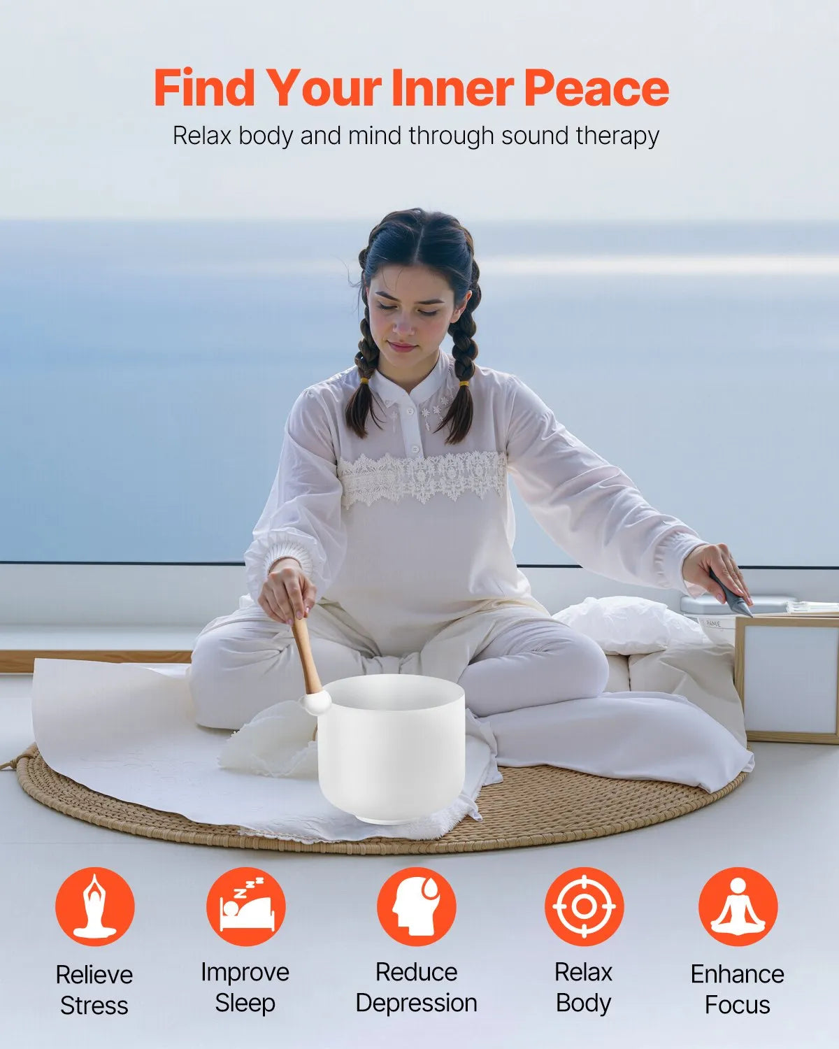 VEVOR Crystal Singing Bowl 8" F Note Heart Chakra Singing Bowl with Carry Bag