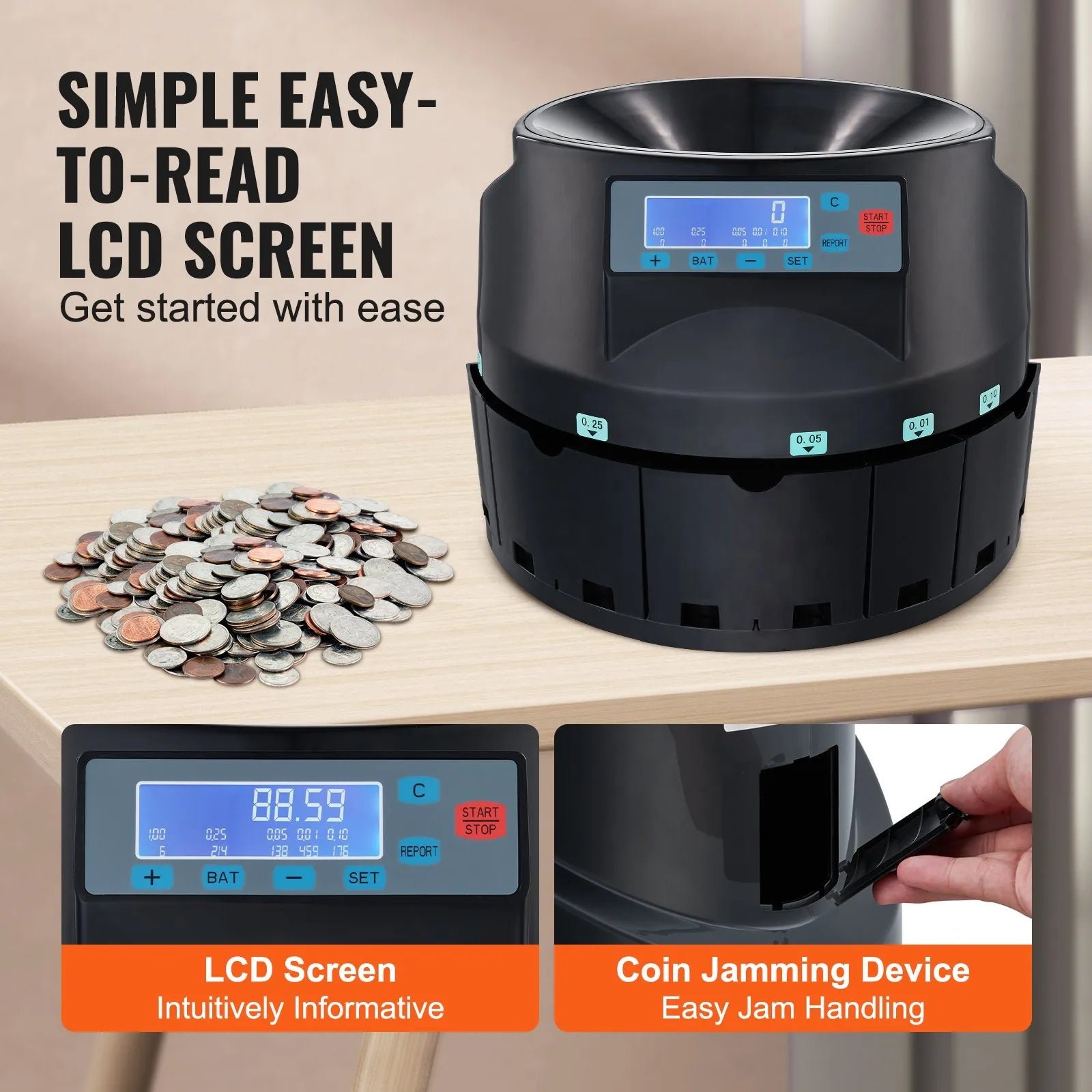 VEVOR USD Coin Counter & Coin Sorters with LCD Display, Coin Sorter Machine for USD Coin 1¢ 5¢ 10¢ 25¢ $1, Sorts up to 300 Coins/min, Change Counter Holds 2000 Coins Included 5 Coin Bins & 5 Tubes