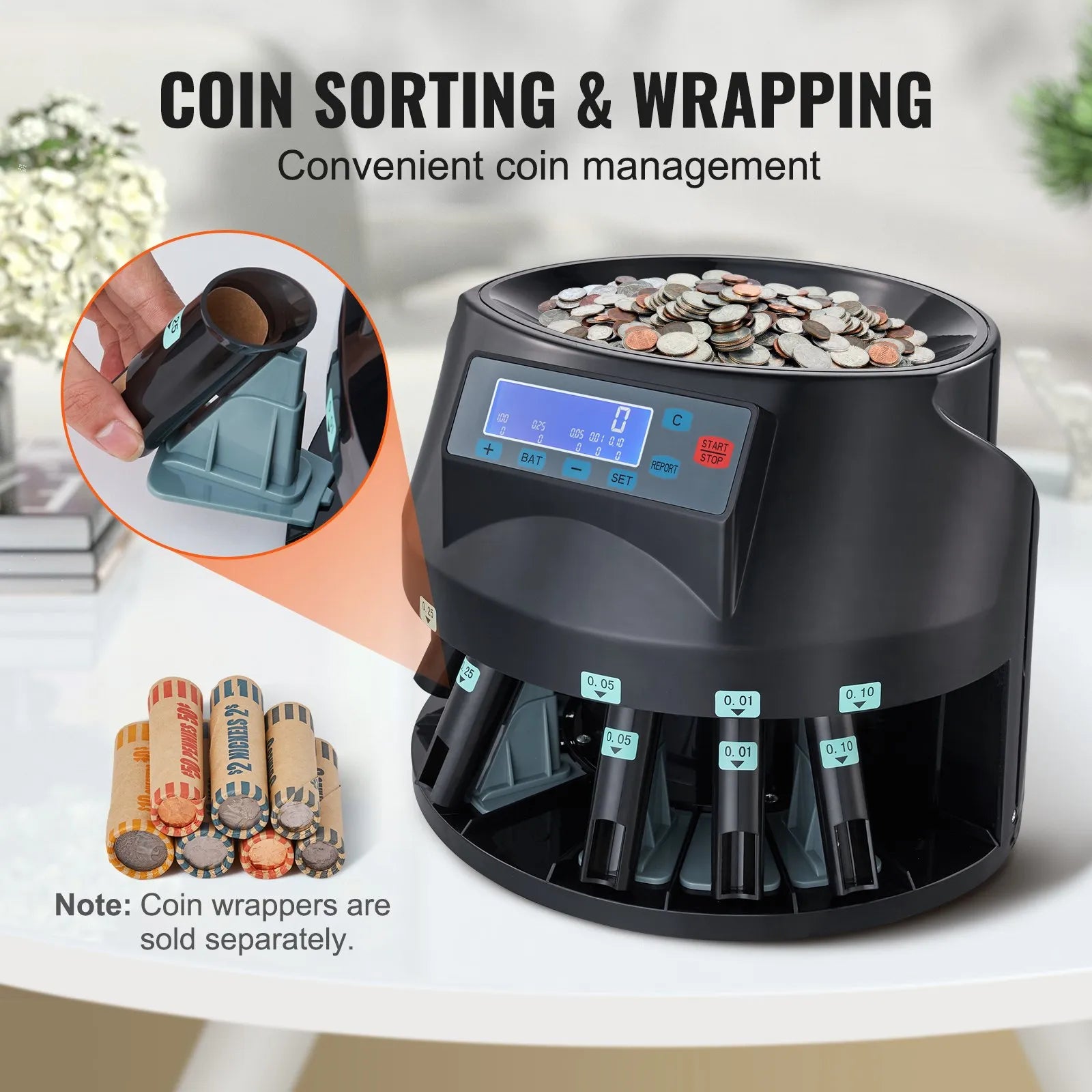 VEVOR USD Coin Counter & Coin Sorters with LCD Display, Coin Sorter Machine for USD Coin 1¢ 5¢ 10¢ 25¢ $1, Sorts up to 300 Coins/min, Change Counter Holds 2000 Coins Included 5 Coin Bins & 5 Tubes