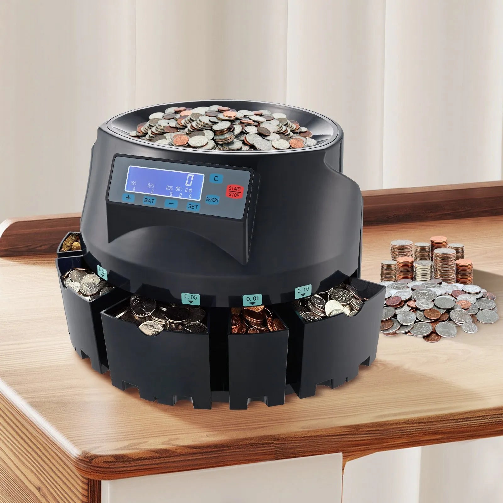 VEVOR USD Coin Counter & Coin Sorters with LCD Display, Coin Sorter Machine for USD Coin 1¢ 5¢ 10¢ 25¢ $1, Sorts up to 300 Coins/min, Change Counter Holds 2000 Coins Included 5 Coin Bins & 5 Tubes