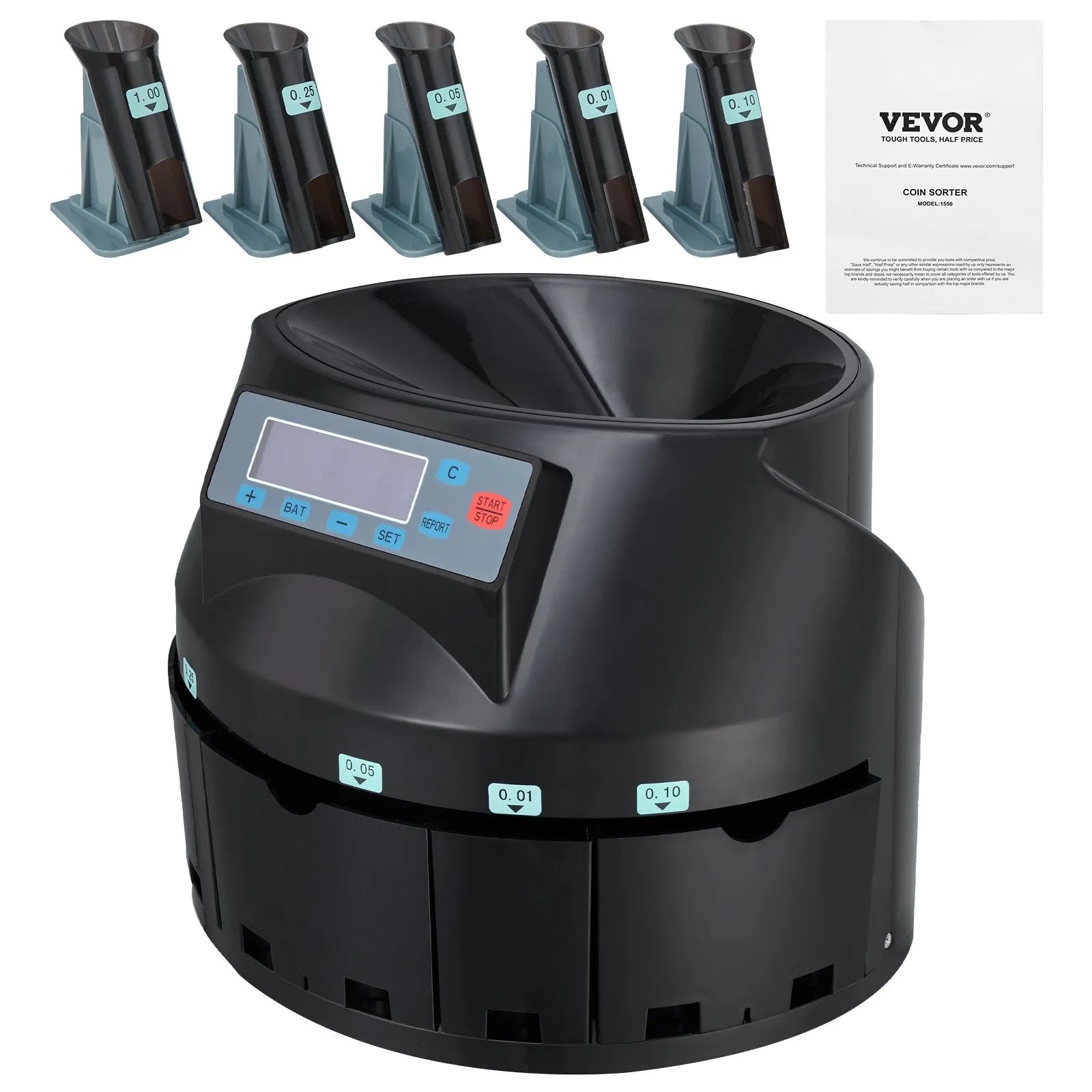 VEVOR USD Coin Counter & Coin Sorters with LCD Display, Coin Sorter Machine for USD Coin 1¢ 5¢ 10¢ 25¢ $1, Sorts up to 300 Coins/min, Change Counter Holds 2000 Coins Included 5 Coin Bins & 5 Tubes