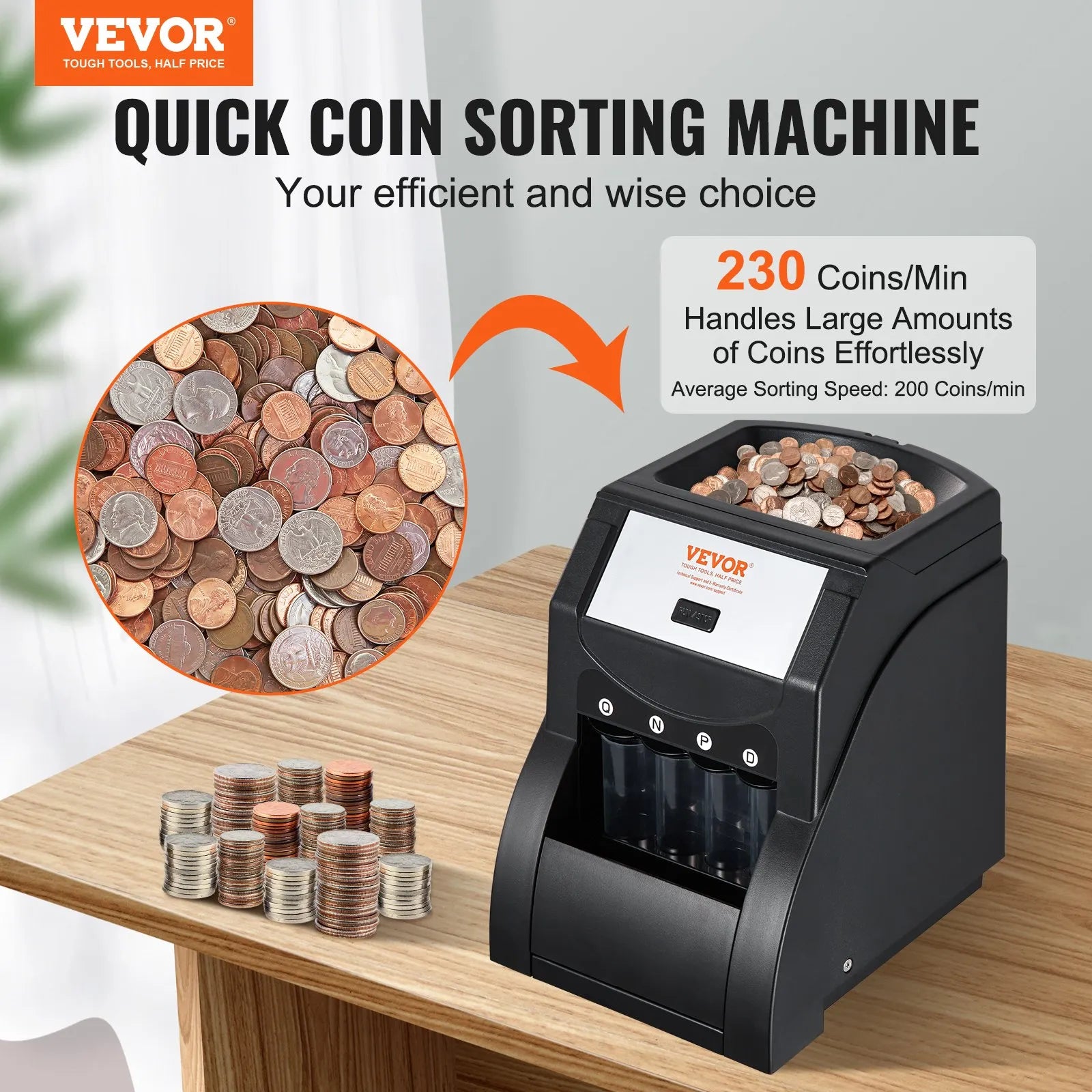 VEVOR USD Coin Sorter, Coin Sorter Machine for USD Coin 1¢ 5¢ 10¢ 25¢ , Sorts up to 230 Coins/min, Coin Sorter and Wrapper Machine Holds 200 Coins Included 4 Coin Tubes, Black