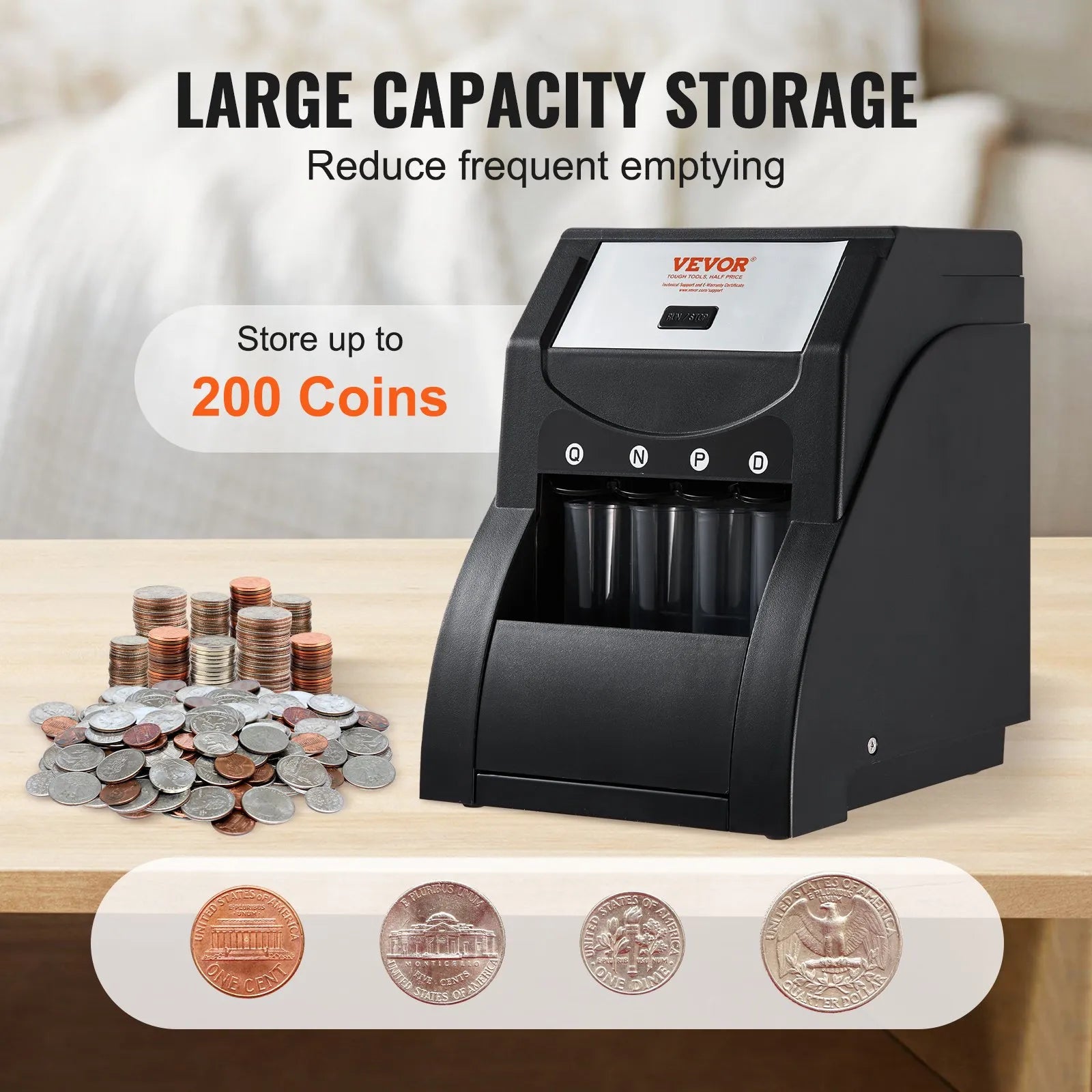 VEVOR USD Coin Sorter, Coin Sorter Machine for USD Coin 1¢ 5¢ 10¢ 25¢ , Sorts up to 230 Coins/min, Coin Sorter and Wrapper Machine Holds 200 Coins Included 4 Coin Tubes, Black