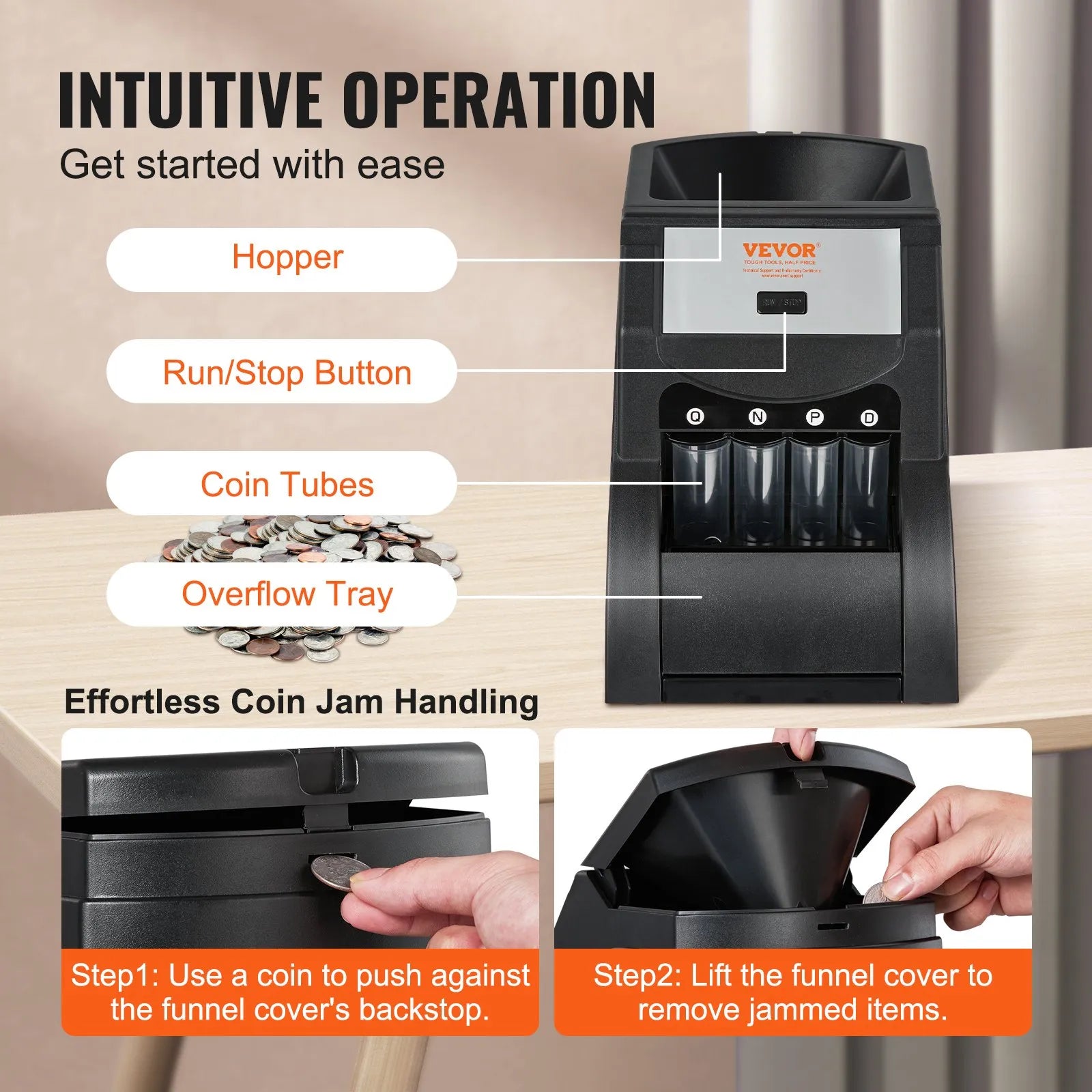 VEVOR USD Coin Sorter, Coin Sorter Machine for USD Coin 1¢ 5¢ 10¢ 25¢ , Sorts up to 230 Coins/min, Coin Sorter and Wrapper Machine Holds 200 Coins Included 4 Coin Tubes, Black