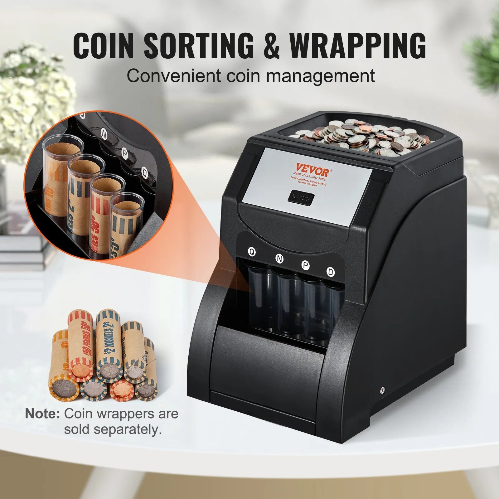 VEVOR USD Coin Sorter, Coin Sorter Machine for USD Coin 1¢ 5¢ 10¢ 25¢ , Sorts up to 230 Coins/min, Coin Sorter and Wrapper Machine Holds 200 Coins Included 4 Coin Tubes, Black