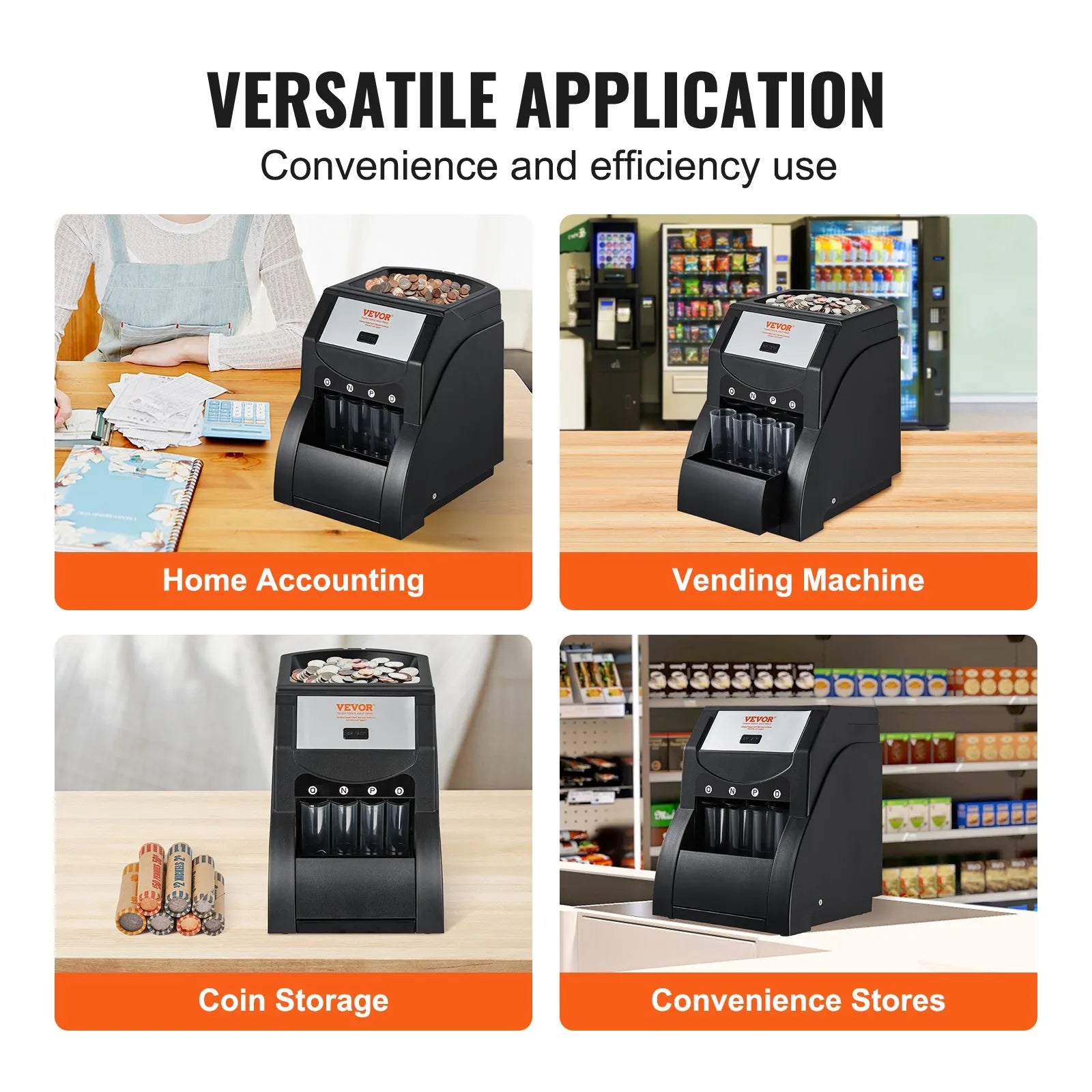 VEVOR USD Coin Sorter, Coin Sorter Machine for USD Coin 1¢ 5¢ 10¢ 25¢ , Sorts up to 230 Coins/min, Coin Sorter and Wrapper Machine Holds 200 Coins Included 4 Coin Tubes, Black