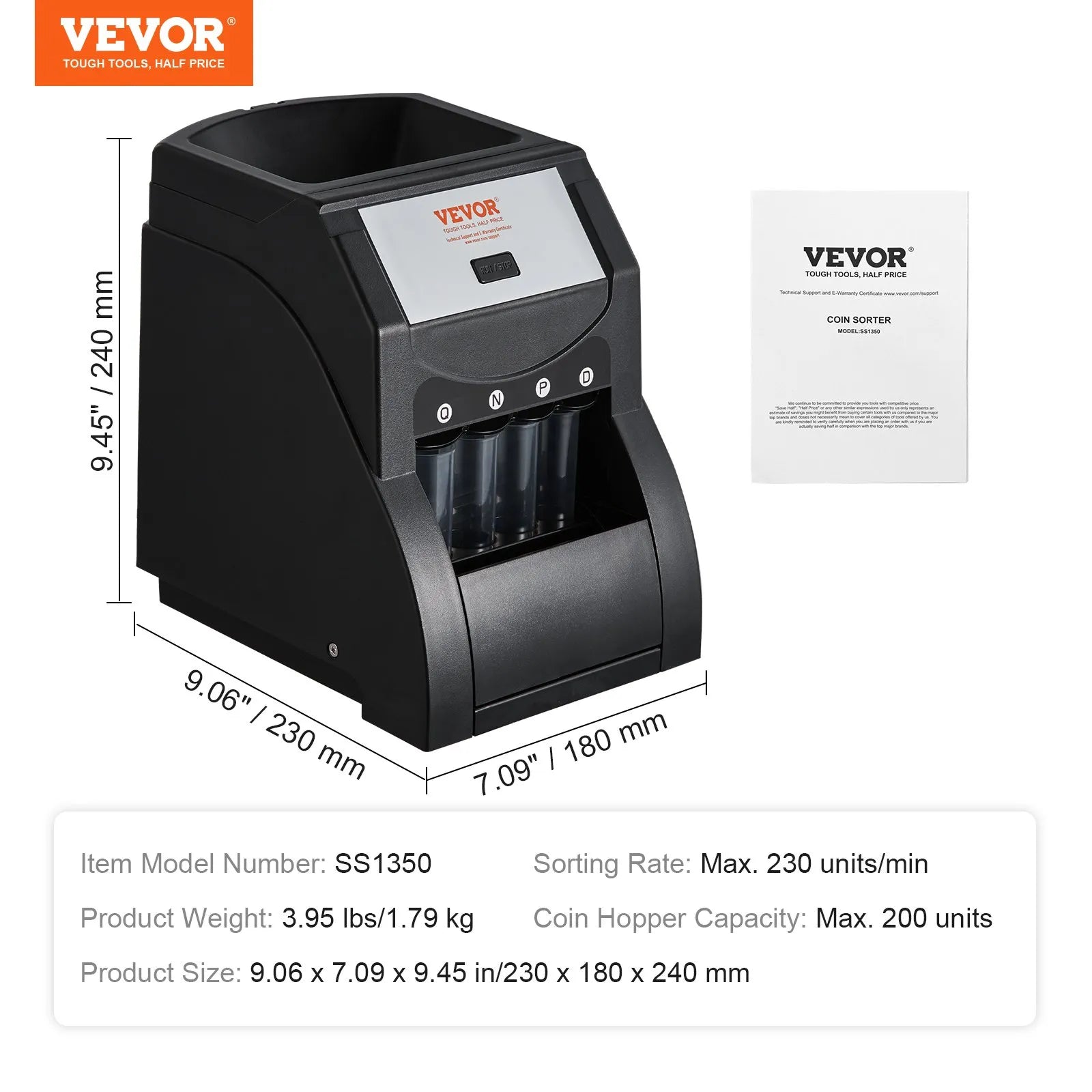 VEVOR USD Coin Sorter, Coin Sorter Machine for USD Coin 1¢ 5¢ 10¢ 25¢ , Sorts up to 230 Coins/min, Coin Sorter and Wrapper Machine Holds 200 Coins Included 4 Coin Tubes, Black