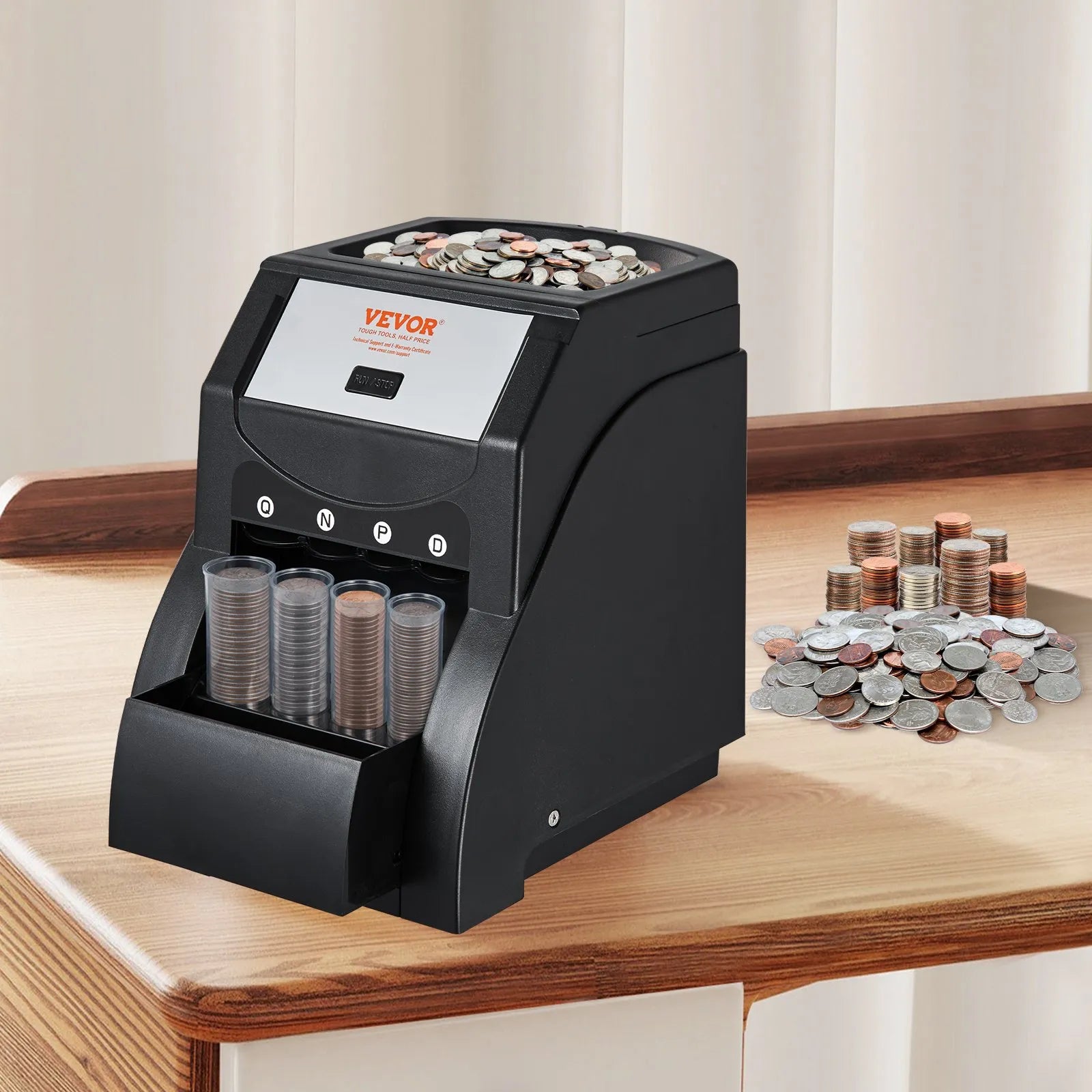 VEVOR USD Coin Sorter, Coin Sorter Machine for USD Coin 1¢ 5¢ 10¢ 25¢ , Sorts up to 230 Coins/min, Coin Sorter and Wrapper Machine Holds 200 Coins Included 4 Coin Tubes, Black