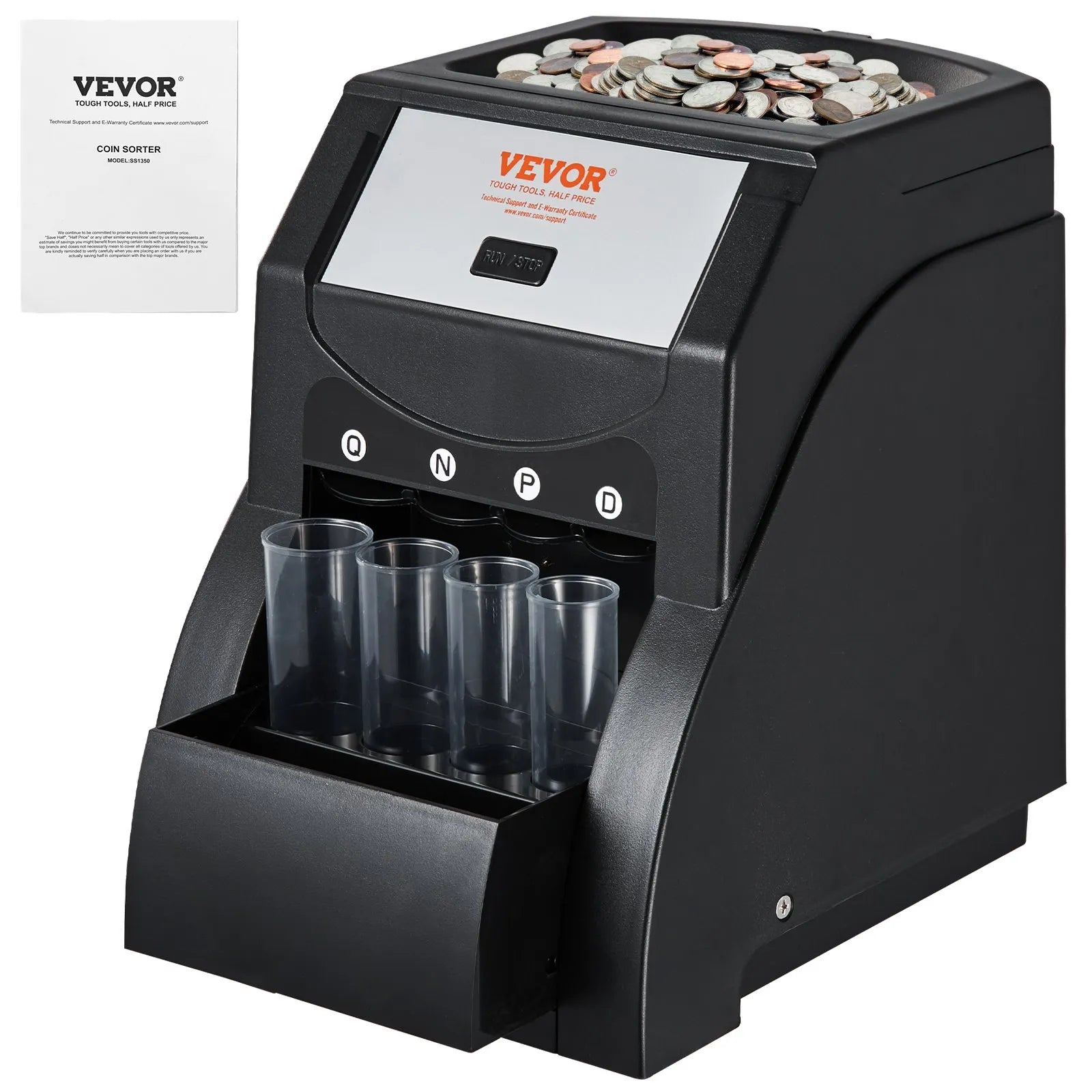 VEVOR USD Coin Sorter, Coin Sorter Machine for USD Coin 1¢ 5¢ 10¢ 25¢ , Sorts up to 230 Coins/min, Coin Sorter and Wrapper Machine Holds 200 Coins Included 4 Coin Tubes, Black