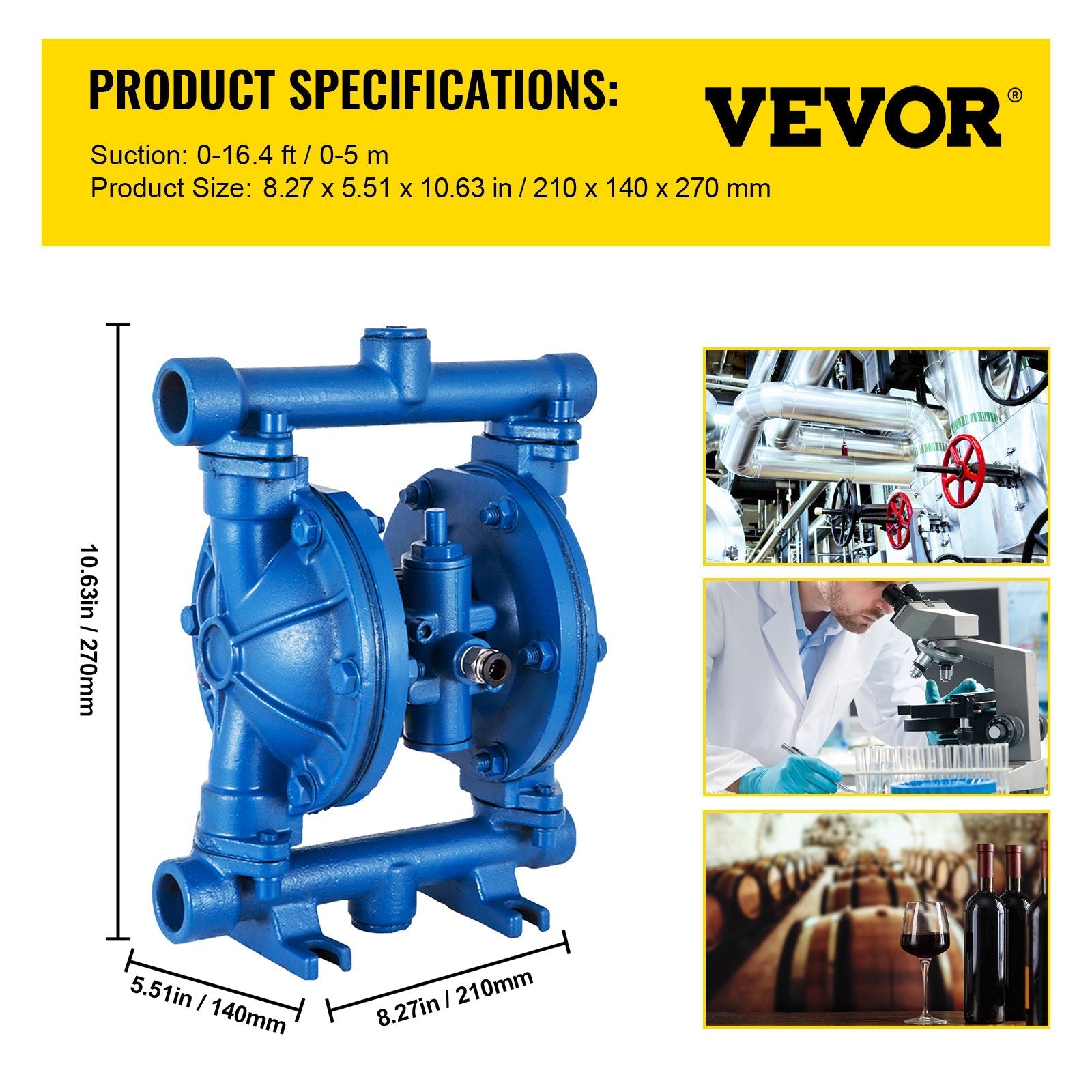 VEVOR Air-Operated Double Diaphragm Pump, 1/2" Inlet & Outlet, Cast Iron Body, 8.8 GPM & Max 120PSI, Nitrile Diaphragm Pneumatic Transfer Pump for Petroleum, Diesel, Oil & Low Viscosity Fluids
