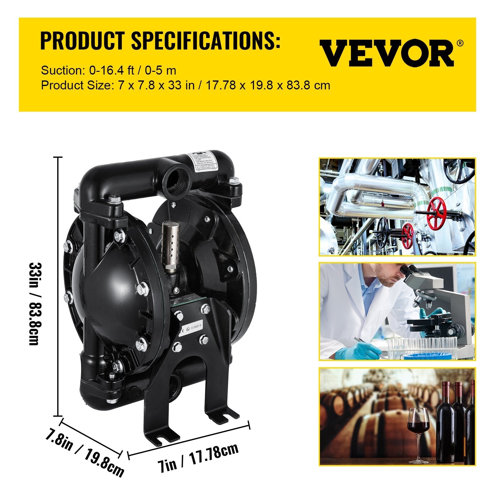 VEVOR Air-Operated Double Diaphragm Pump, QBY4-25L F46 35 GPM 1 Inch Inlet And Outlet, Max 120 PSI, NPT1/2 inch Air Inlet, Corrosion-Proof Aluminum Dual Diaphragm Air Pump for Chemical Industrial Use