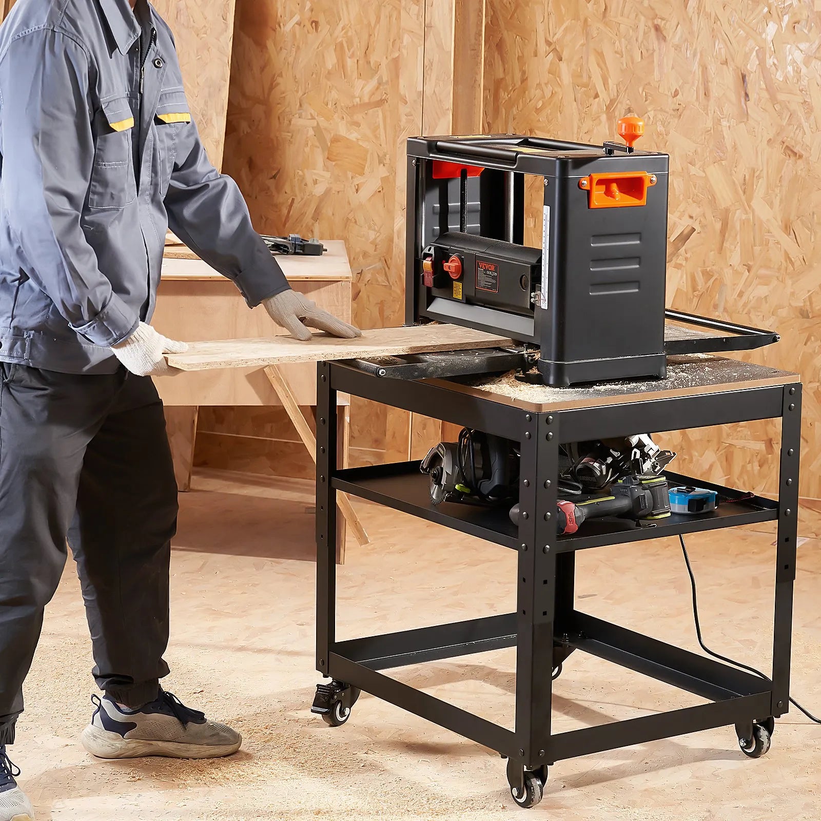 VEVOR Planer Stand, 100 lbs/ 45 kg heavy loads, Three-Gear Height Adjustable thickness planer table,with 4 Stable Casters & Storage Space, for most planers, saws, bench-top machines, power tools