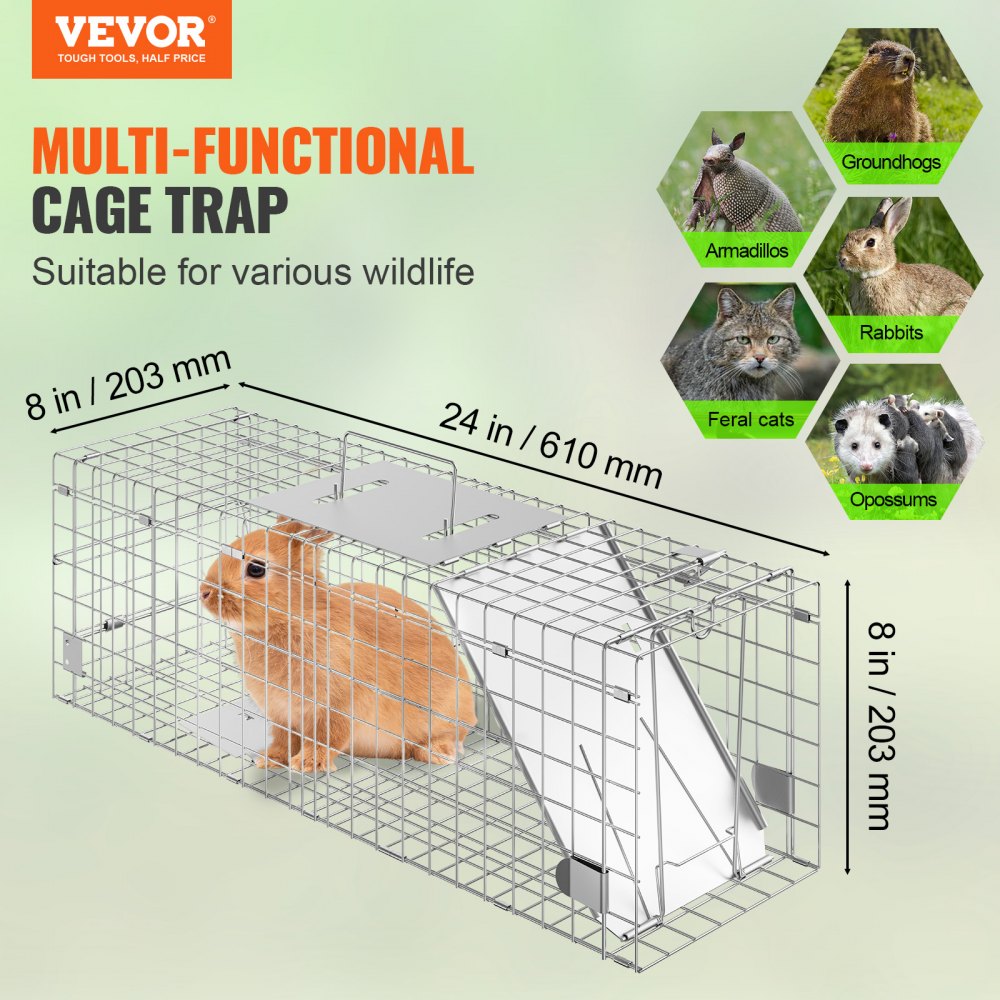 VEVOR Live Animal Cage Trap, 24" x 8" x 8" Humane Cat Trap Galvanized Iron, Folding Animal Trap with Handle for Rabbits, Stray Cats, Squirrels, Raccoons, Groundhogs and Opossums