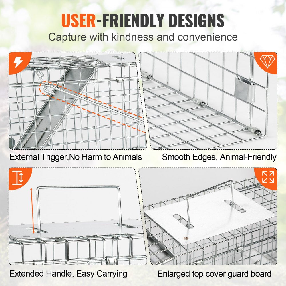 VEVOR Live Animal Cage Trap, 24" x 8" x 8" Humane Cat Trap Galvanized Iron, Folding Animal Trap with Handle for Rabbits, Stray Cats, Squirrels, Raccoons, Groundhogs and Opossums