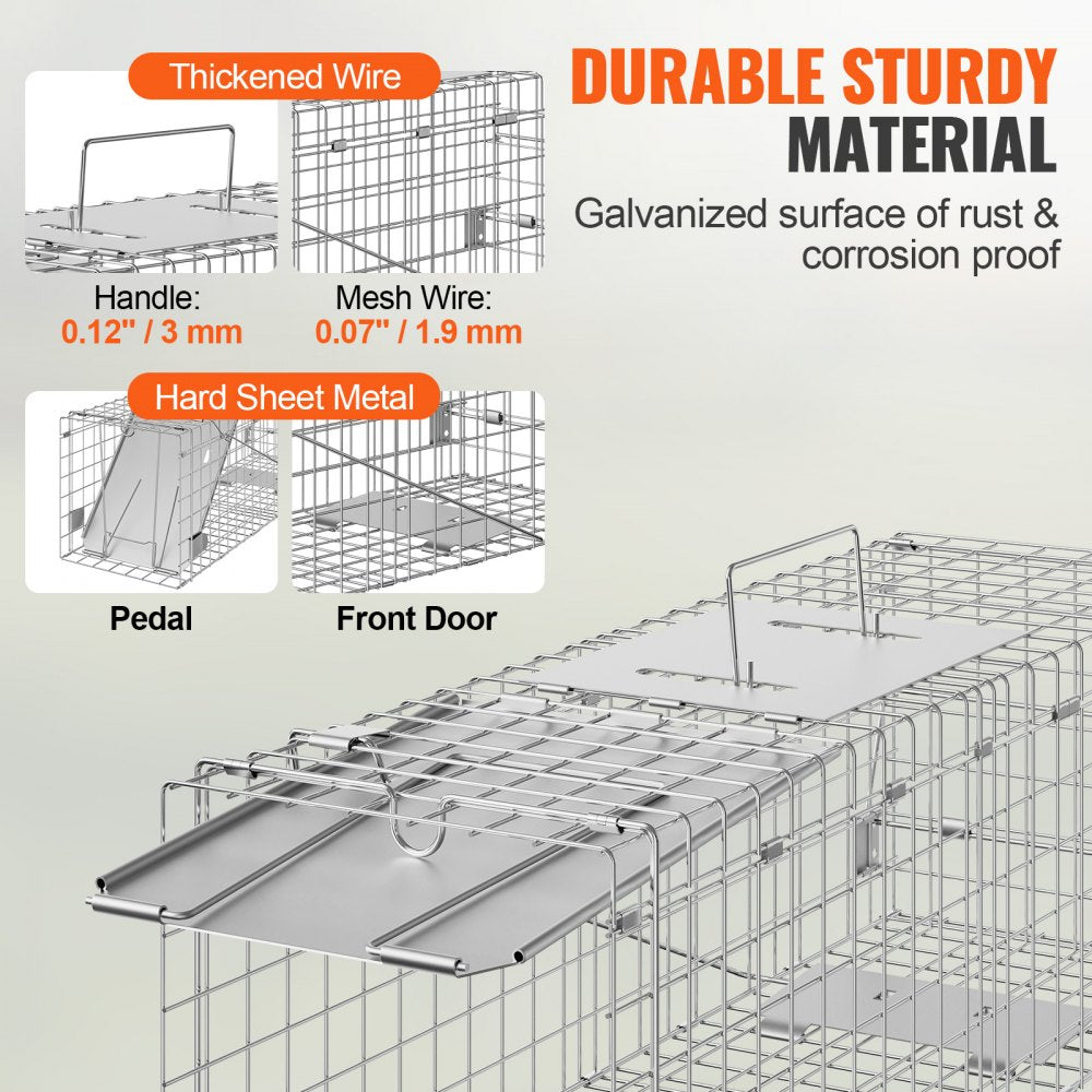 VEVOR Live Animal Cage Trap, 24" x 8" x 8" Humane Cat Trap Galvanized Iron, Folding Animal Trap with Handle for Rabbits, Stray Cats, Squirrels, Raccoons, Groundhogs and Opossums