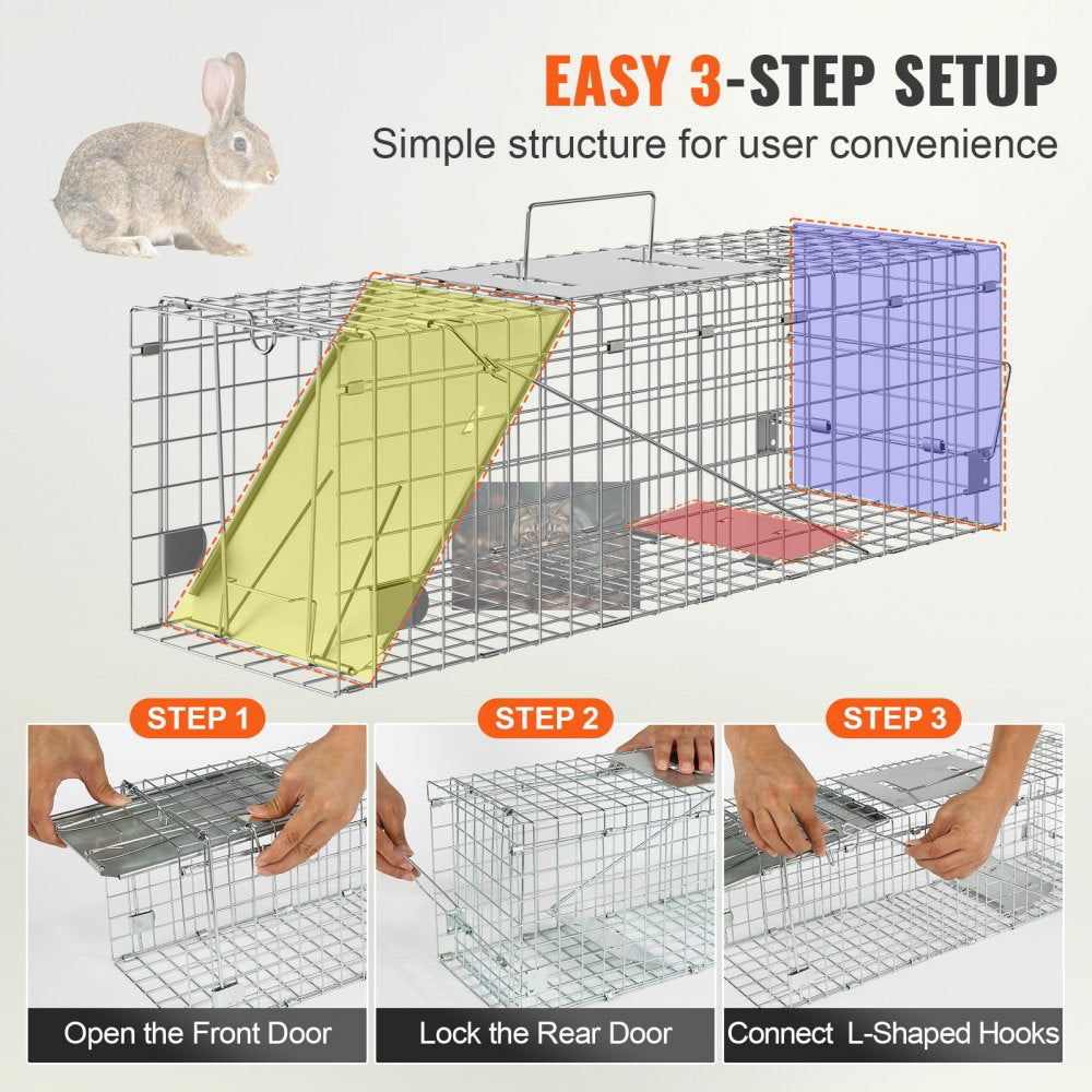 VEVOR Live Animal Cage Trap, 24" x 8" x 8" Humane Cat Trap Galvanized Iron, Folding Animal Trap with Handle for Rabbits, Stray Cats, Squirrels, Raccoons, Groundhogs and Opossums