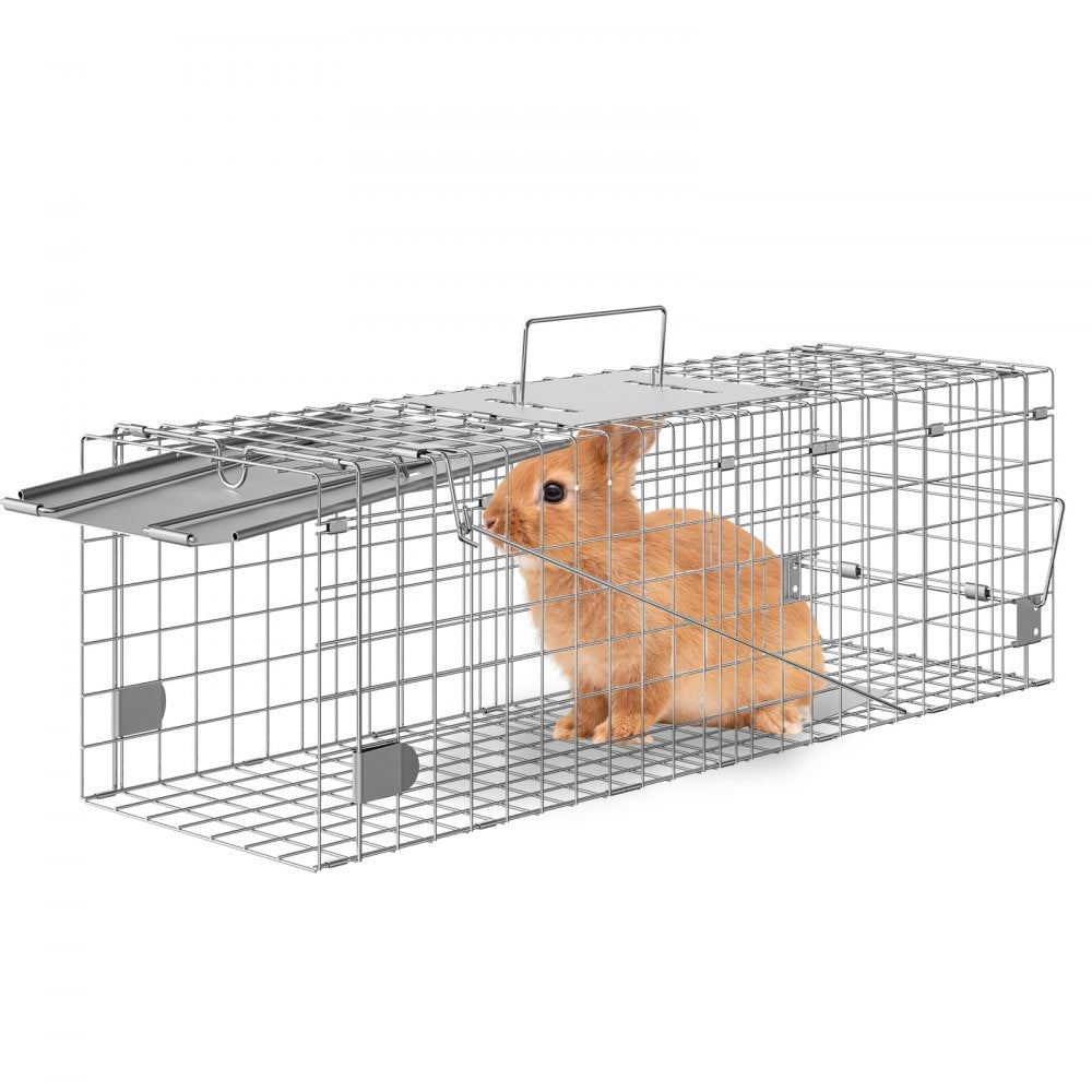 VEVOR Live Animal Cage Trap, 24" x 8" x 8" Humane Cat Trap Galvanized Iron, Folding Animal Trap with Handle for Rabbits, Stray Cats, Squirrels, Raccoons, Groundhogs and Opossums