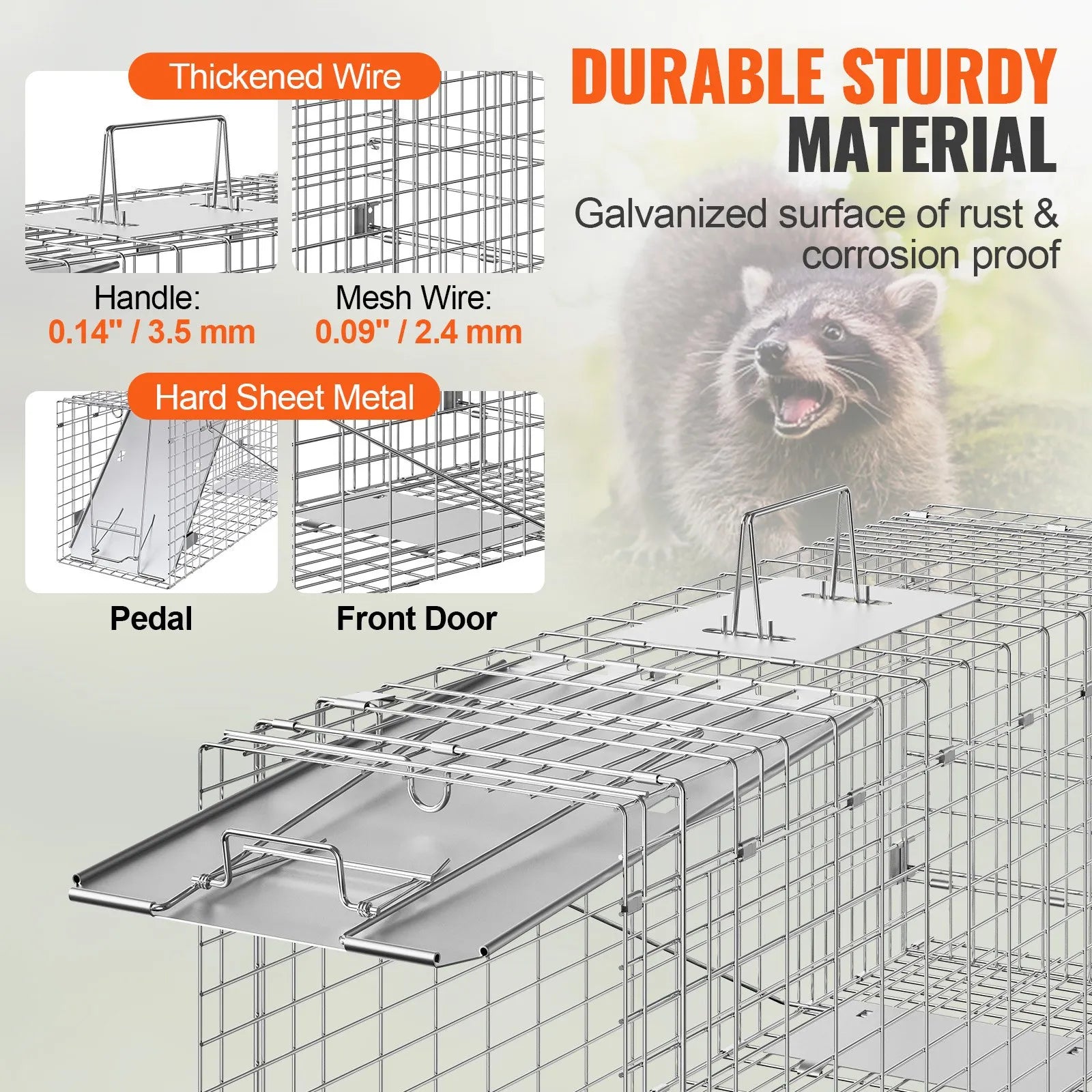 VEVOR Live Animal Cage Trap, 31" x 10" x 12" Humane Cat Trap Galvanized Iron, Folding Animal Trap with Handle for Rabbits, Stray Cats, Squirrels, Raccoons, Groundhogs and Opossums