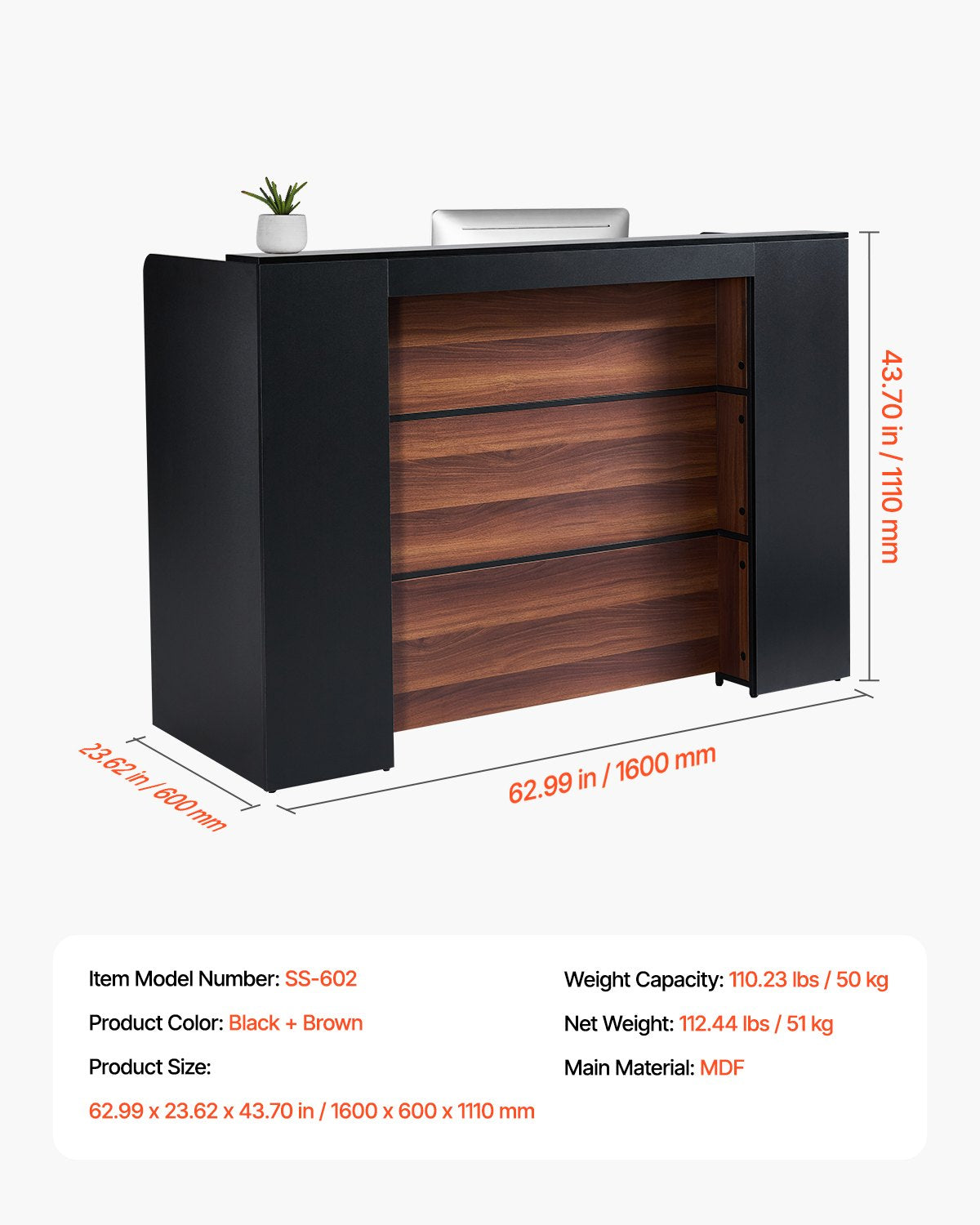 VEVOR Reception Desk Rectangular Front Counter Table 62.99 in Salon Office Table