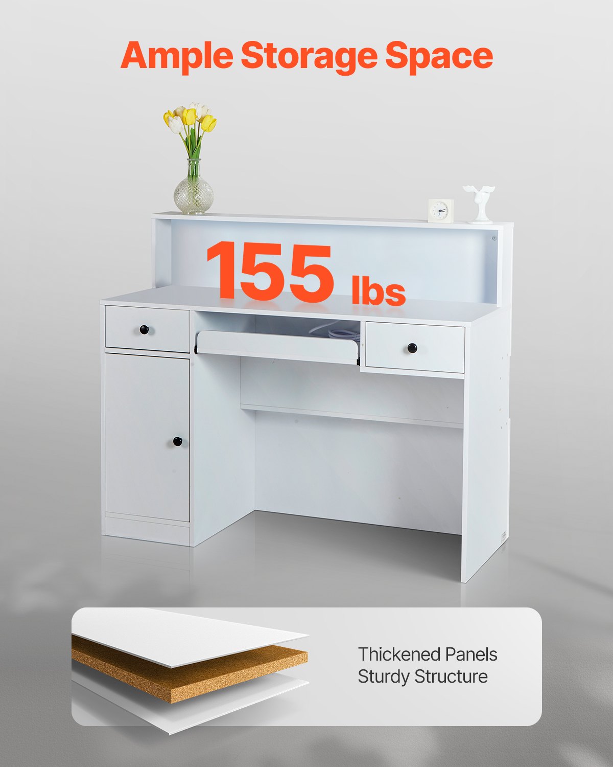 VEVOR Reception Desk Rectangular Front Counter Table 47.24 in White Office Table