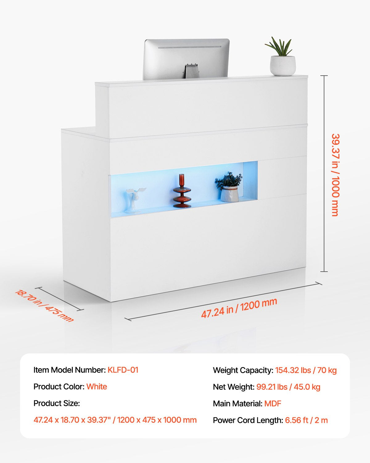 VEVOR Reception Desk Rectangular Front Counter Table 47.24 in White Office Table