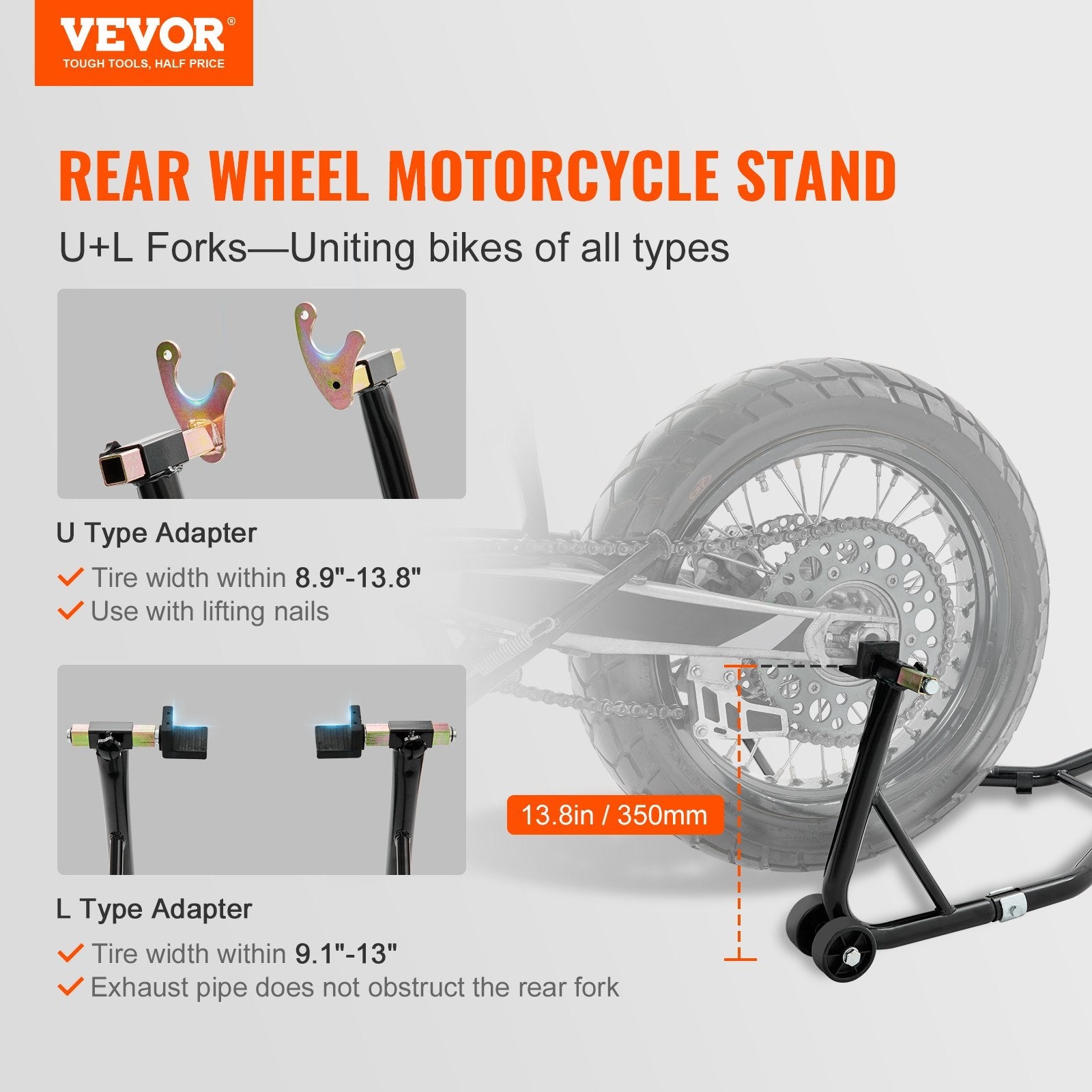 VEVOR Motorcycle Rear Wheel Stand, with U + L Fork Swingarm Spool, 850 lbs Capacity Heavy Duty Rear Wheel Stand Motorcycle Lift Jack Stand, for Suzuki Yamaha Honda Kawasaki, Black