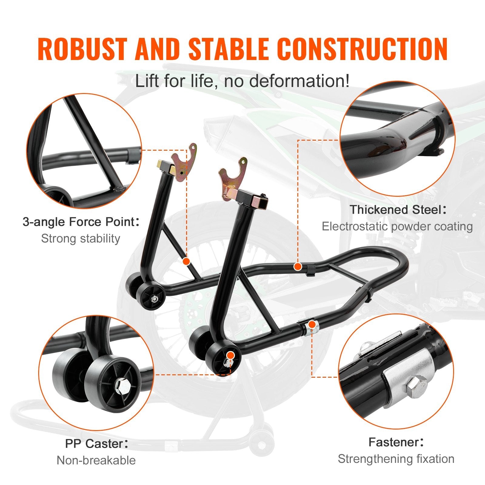 VEVOR Motorcycle Rear Wheel Stand, with U + L Fork Swingarm Spool, 850 lbs Capacity Heavy Duty Rear Wheel Stand Motorcycle Lift Jack Stand, for Suzuki Yamaha Honda Kawasaki, Black