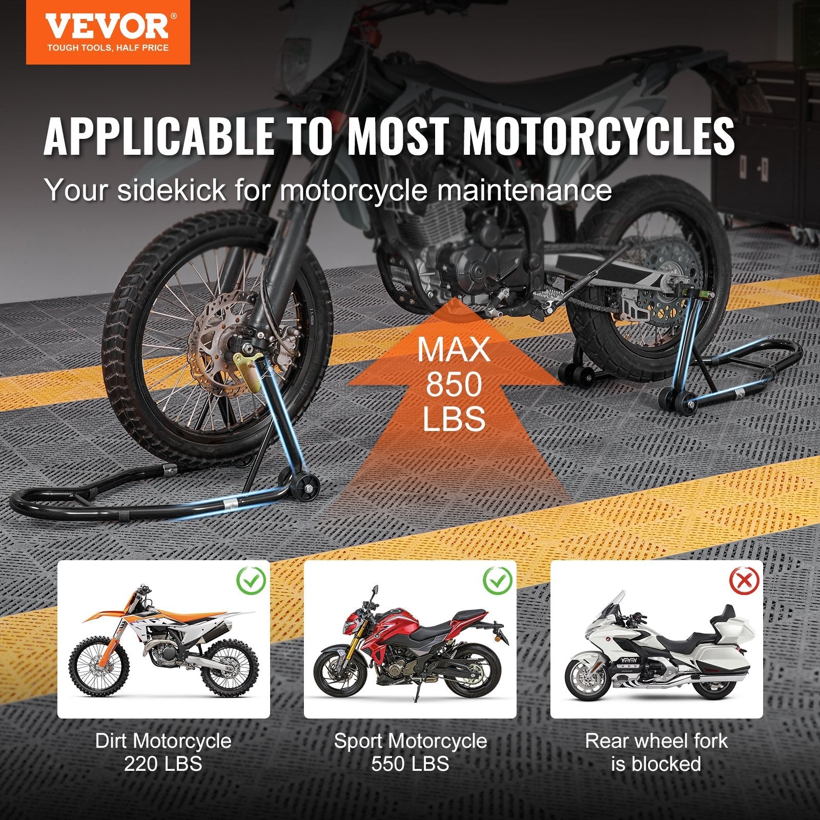 VEVOR Motorcycle Stand Lift, 850lbs Front Rear Combo Stand Lift Stand, Front and Rear Wheel Fork Stand, U+L Fork Swingarm Spool, Compatible with Most Yamaha Honda Kawasaki Suzuki Motorcycles, Black